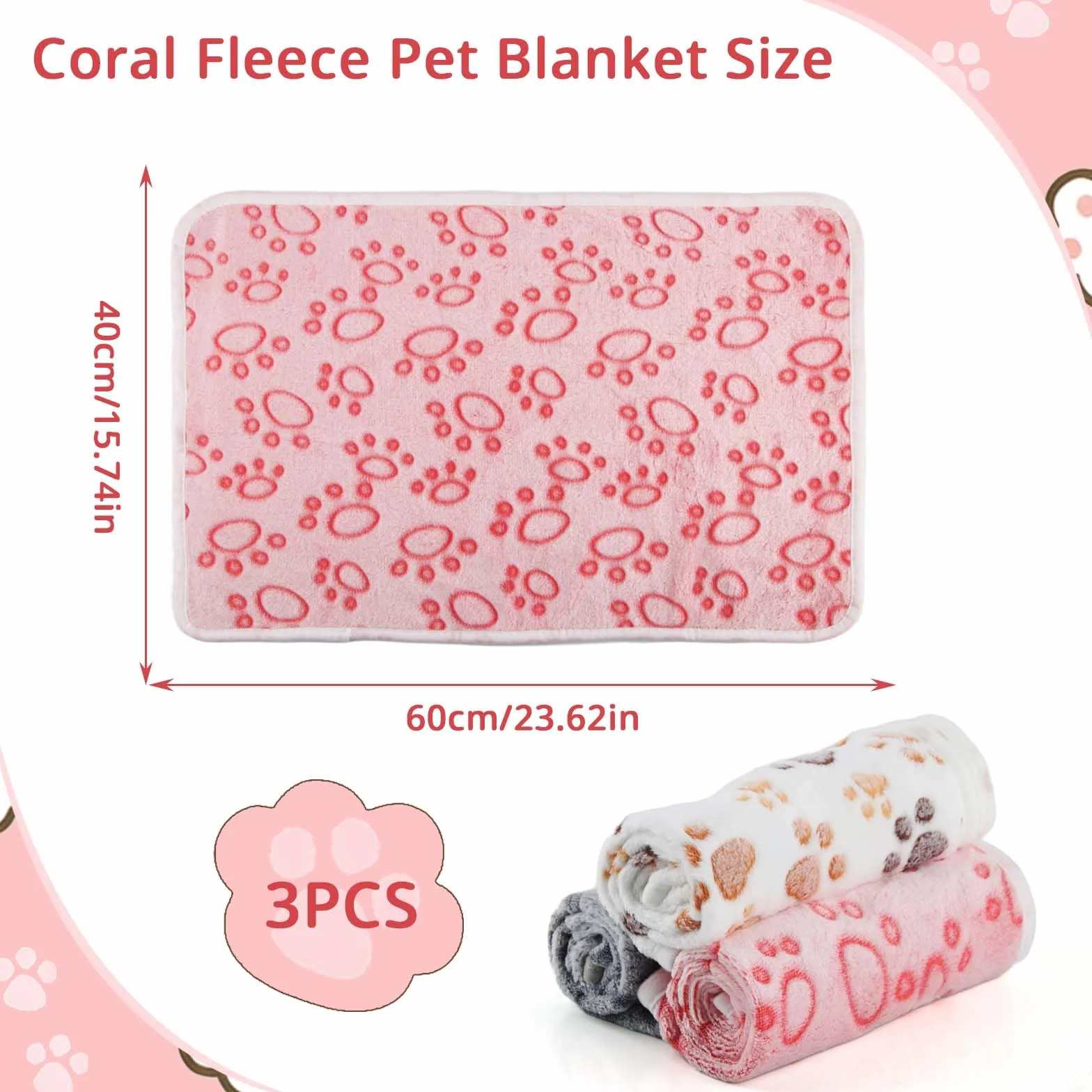 Lot de 3 couvertures en peluche douce pour chiens et chats, lavable 60 x 40 cm