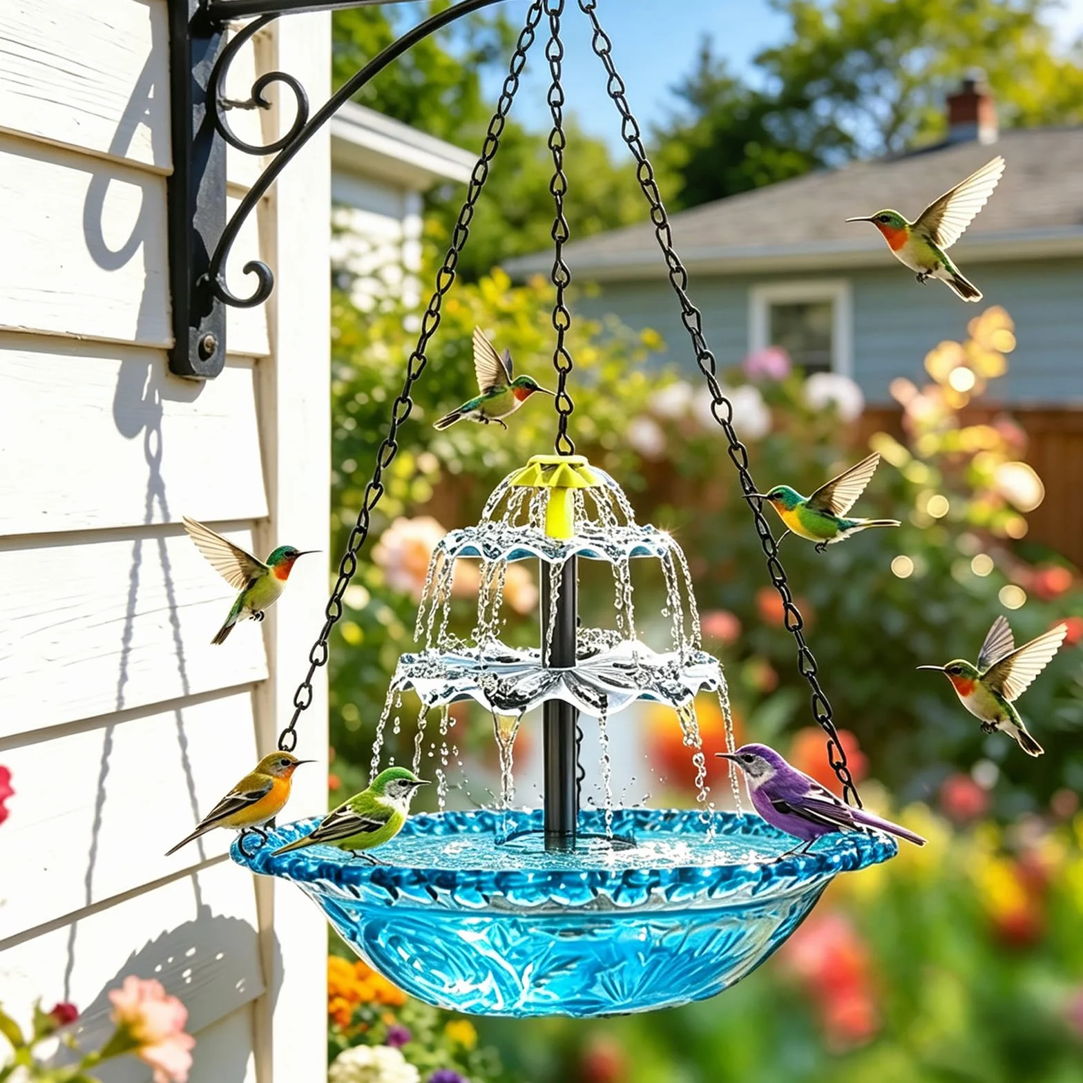 Bain d'oiseaux solaire avec fontaine suspendu chaînes métal bleu