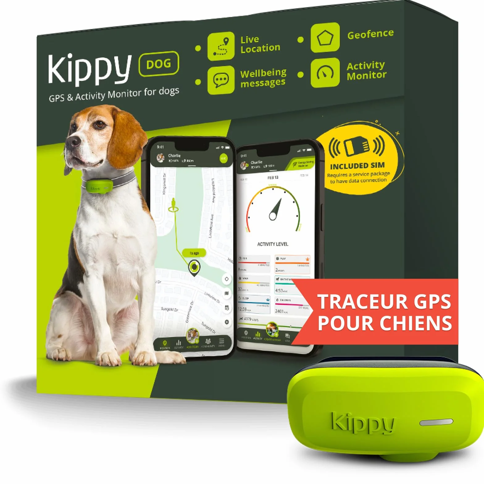 Kippy GPS pour Chiens Traceur étanche avec Collier, Suivi Activité Santé, GEOFENCE, Vert