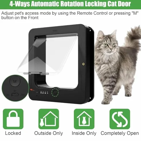 Chatière électronique intelligente pour chat avec 2 colliers de capteur et télécommande, mode de verrouillage réglable, résistant aux intempéries pour ouverture de 19 x 19 cm