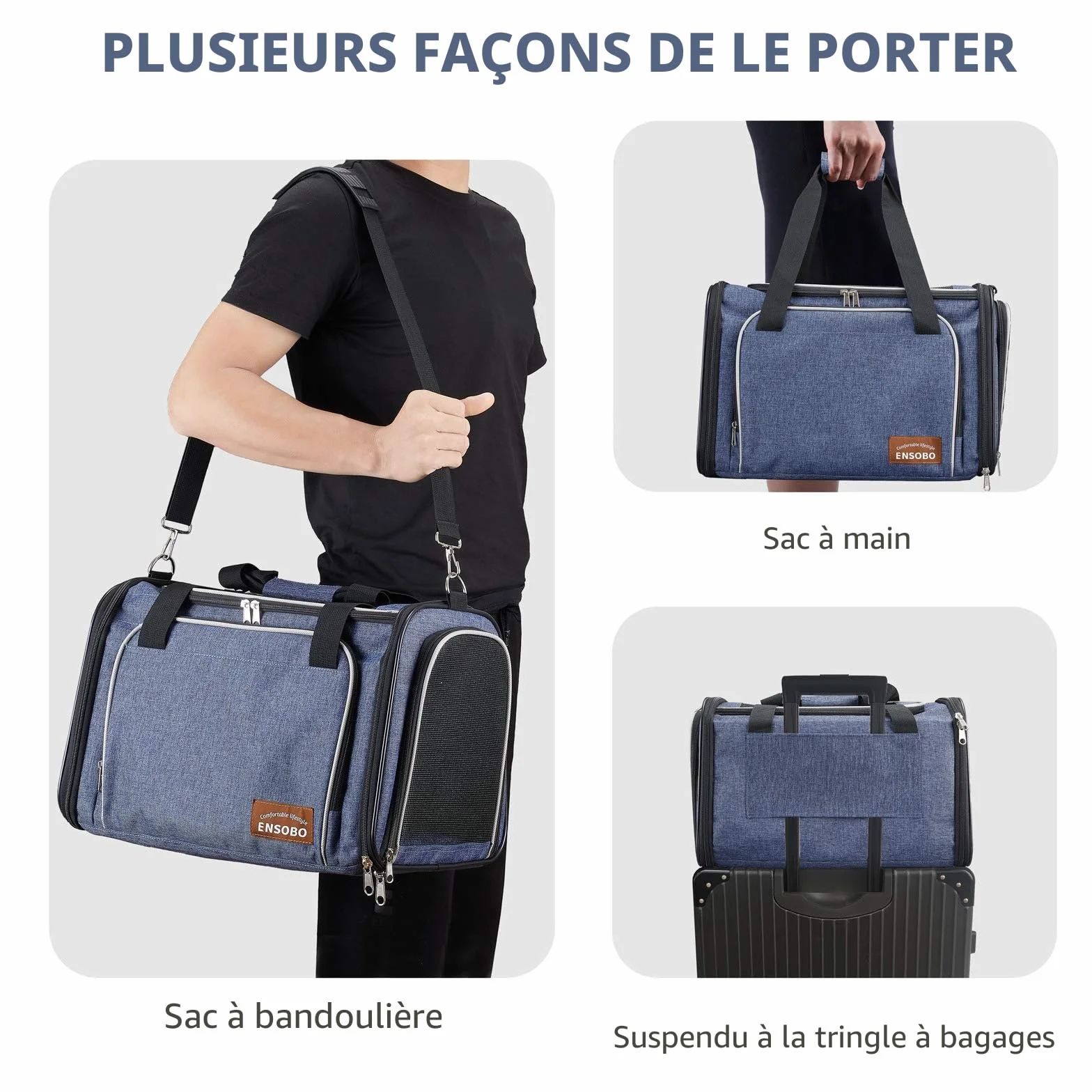 ENSOBO Sac Transport Chat Chien, Matériau Denim Résistant aux Rayures, Sac de Transport pour Animal de Compagnie avec Matelas Souple, Caisse Transport Respirant Confortable