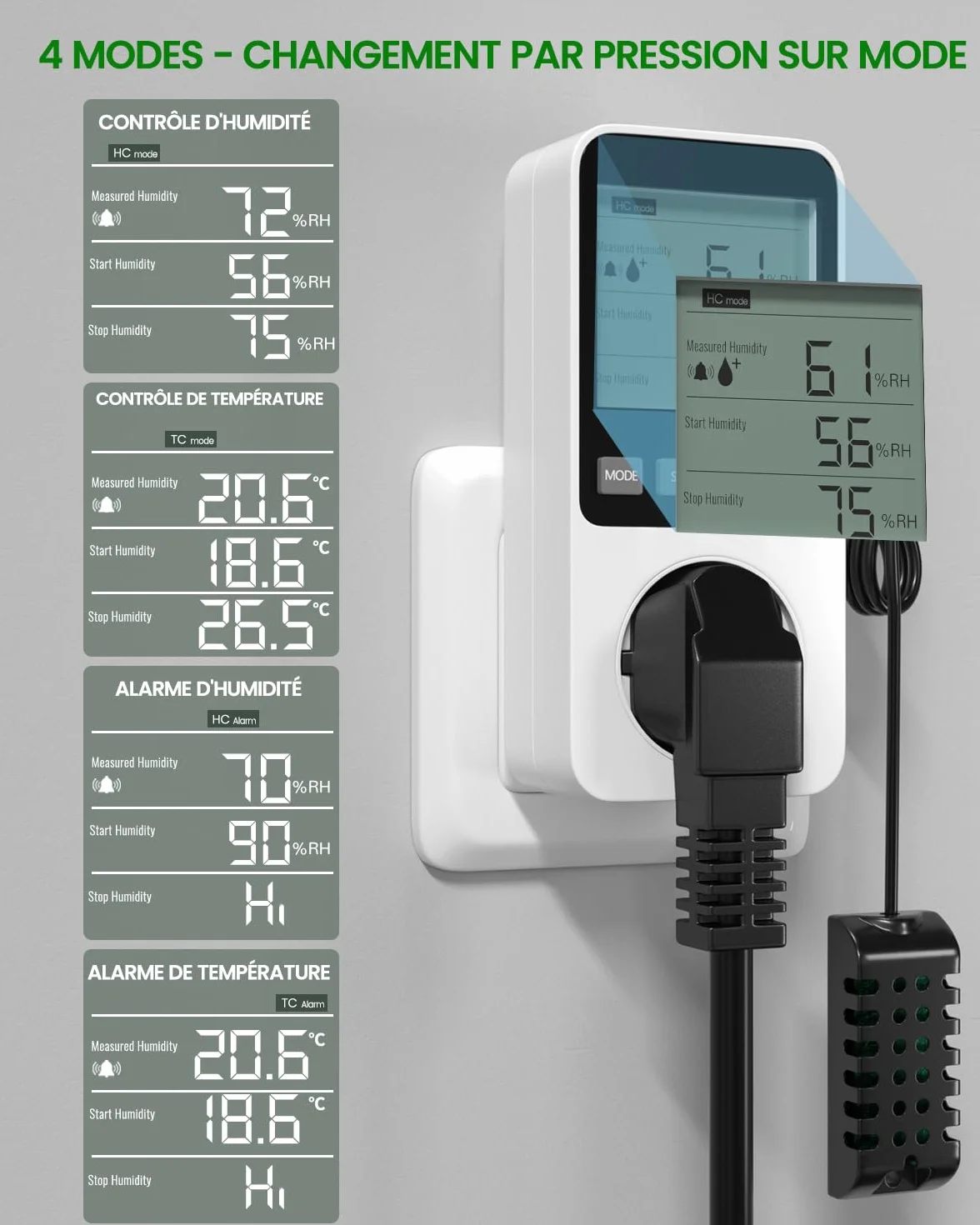 Prise Thermostat Hygrostat Numérique, Contrôleur de Température et d'humidité Prise avec Sonde, Alarme Régulateur Humidité Prise pour Terrarium Reptile Couveuse Incubateur Serre