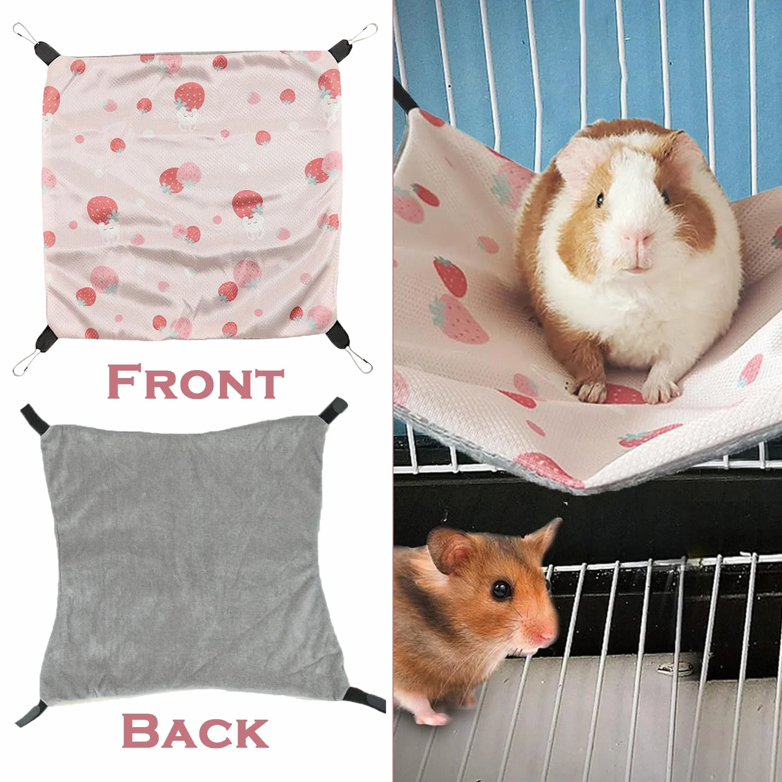 Hamac Cochon d'Inde Avocat Cousu Main 34CM x 34CM Cage Furet Réglable Librement pour Repos Jeu Sieste Cabane Lapin Conception Antidérapante pour Lapin Hamster Cochon d'Inde (Fraise Rose)