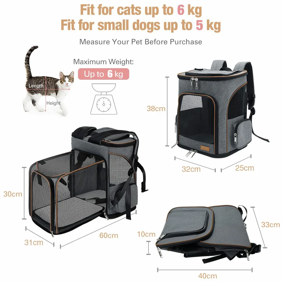 Lekesky Sac à dos, extensible, pour chat et petit chien, avec laisse de sécurité intérieure et 2 tapis pour animaux de compagnie, gris