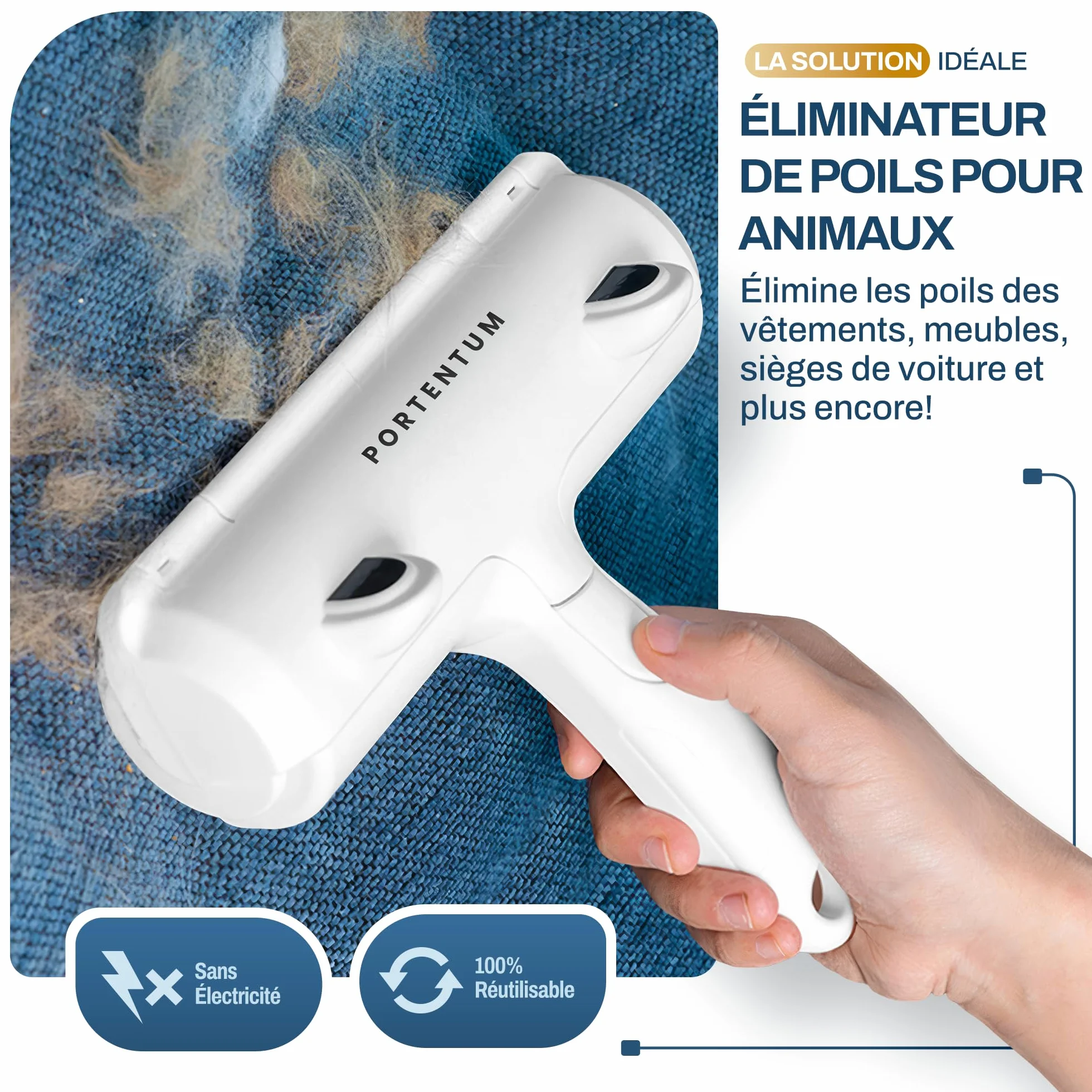 PORTENTUM Brosse Chat Anti Poils Animaux Chien, Rouleau à Poils Réutilisable pour Canapé, Arbre à Chat, Voiture