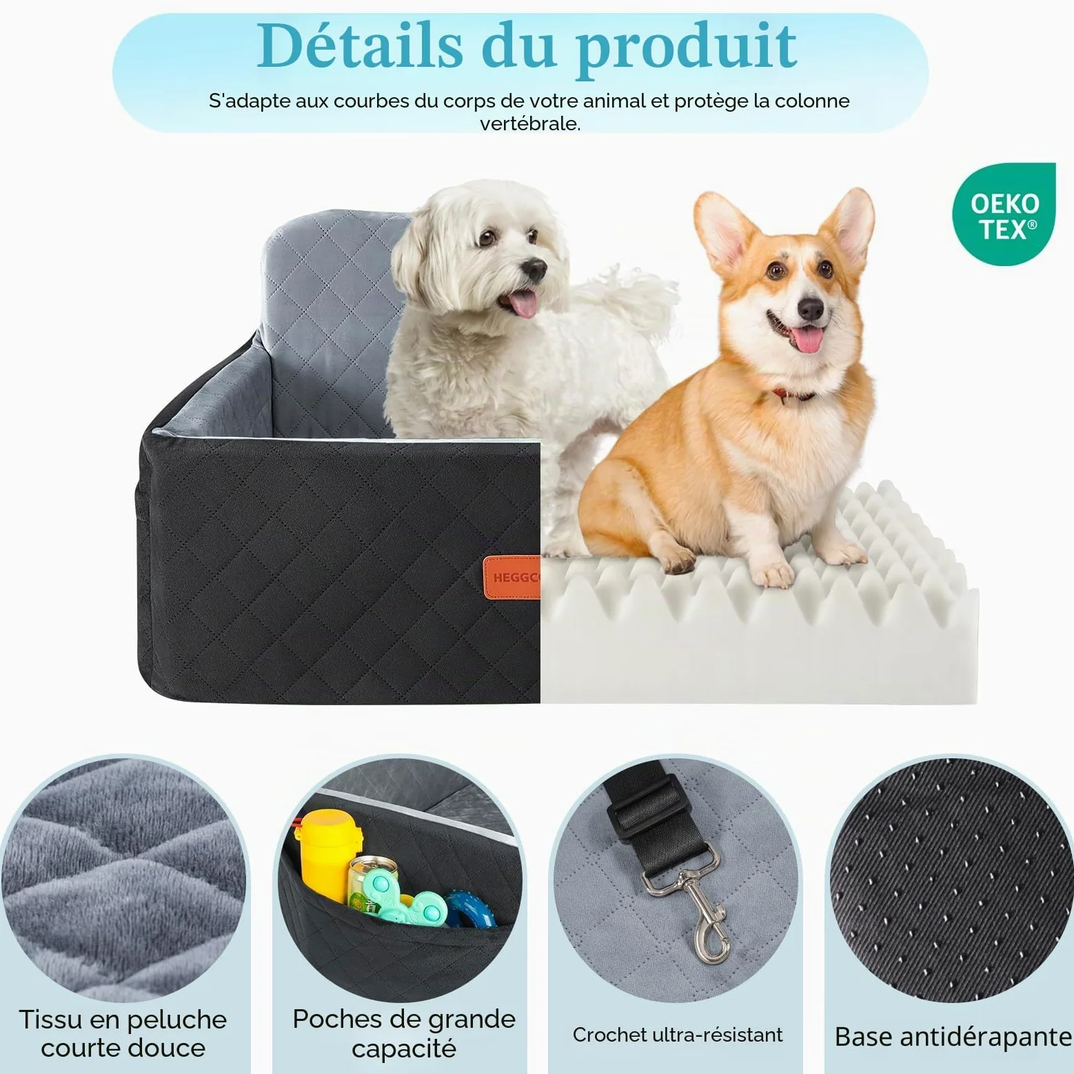HEGGCOOE Siège auto pour chiens moyens/grands - Rehausseur pour animaux <25 kg ou 2 petits chiens, lit de voiture amovible et lavable pour siège arrière