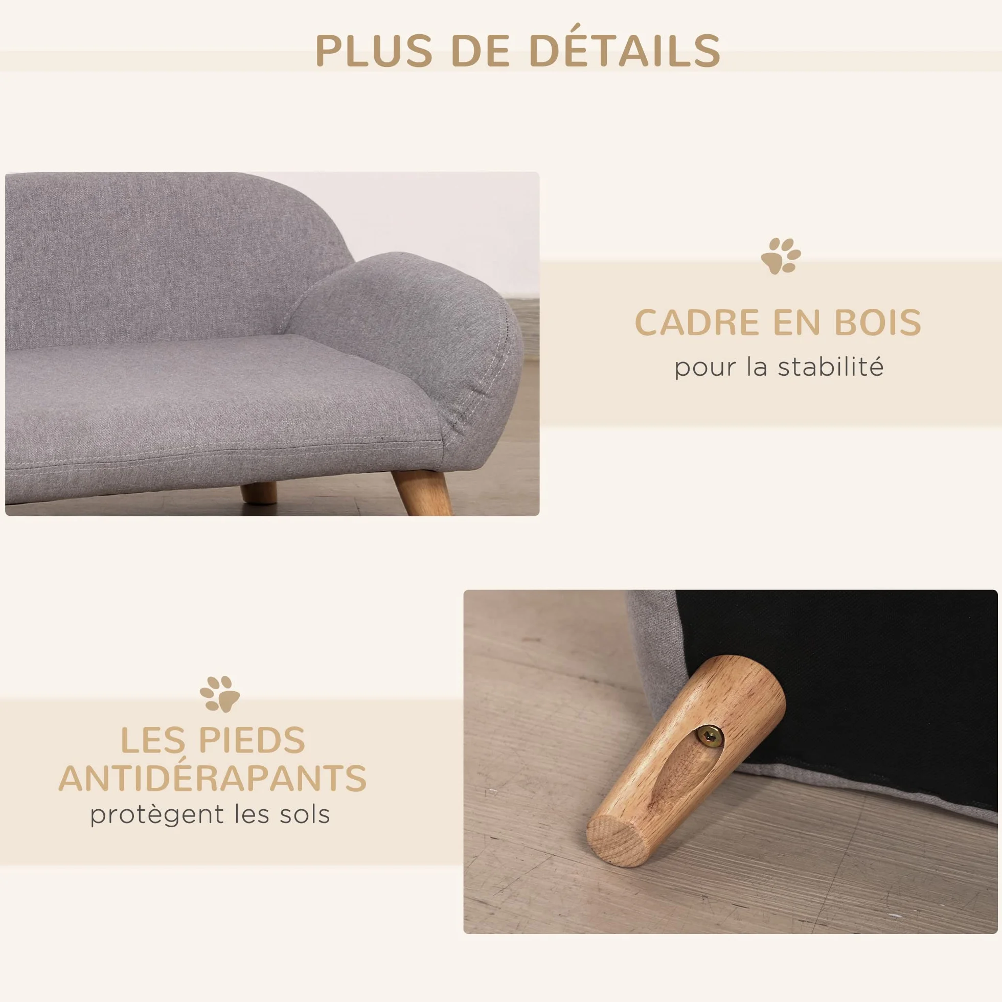 PawHut Canapé pour Chien Style scandinave Pieds en Bois Tissu 72 x 44 x 31 cm Gris