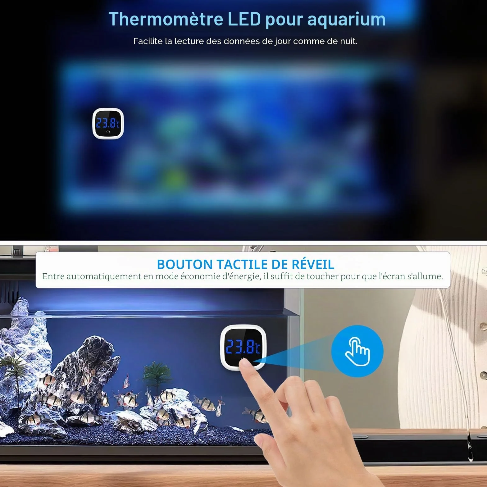 Brifit Thermomètre Aquarium Numérique avec Ecran Tactile LED, Sans Fil pour Eau Douce et Marine