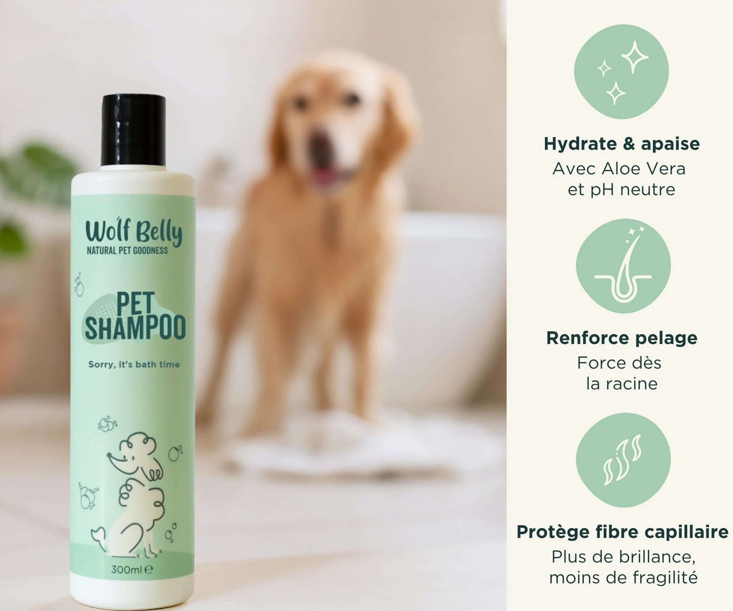 Wolf Belly - Pack Hygiène et Soin Complet pour Chiens et Chats | Shampoing + Après shampoing + Brume + Baume Coussinets | Aloe Vera 99%, Végan et Hypoallergénique - Fabriqué en UE