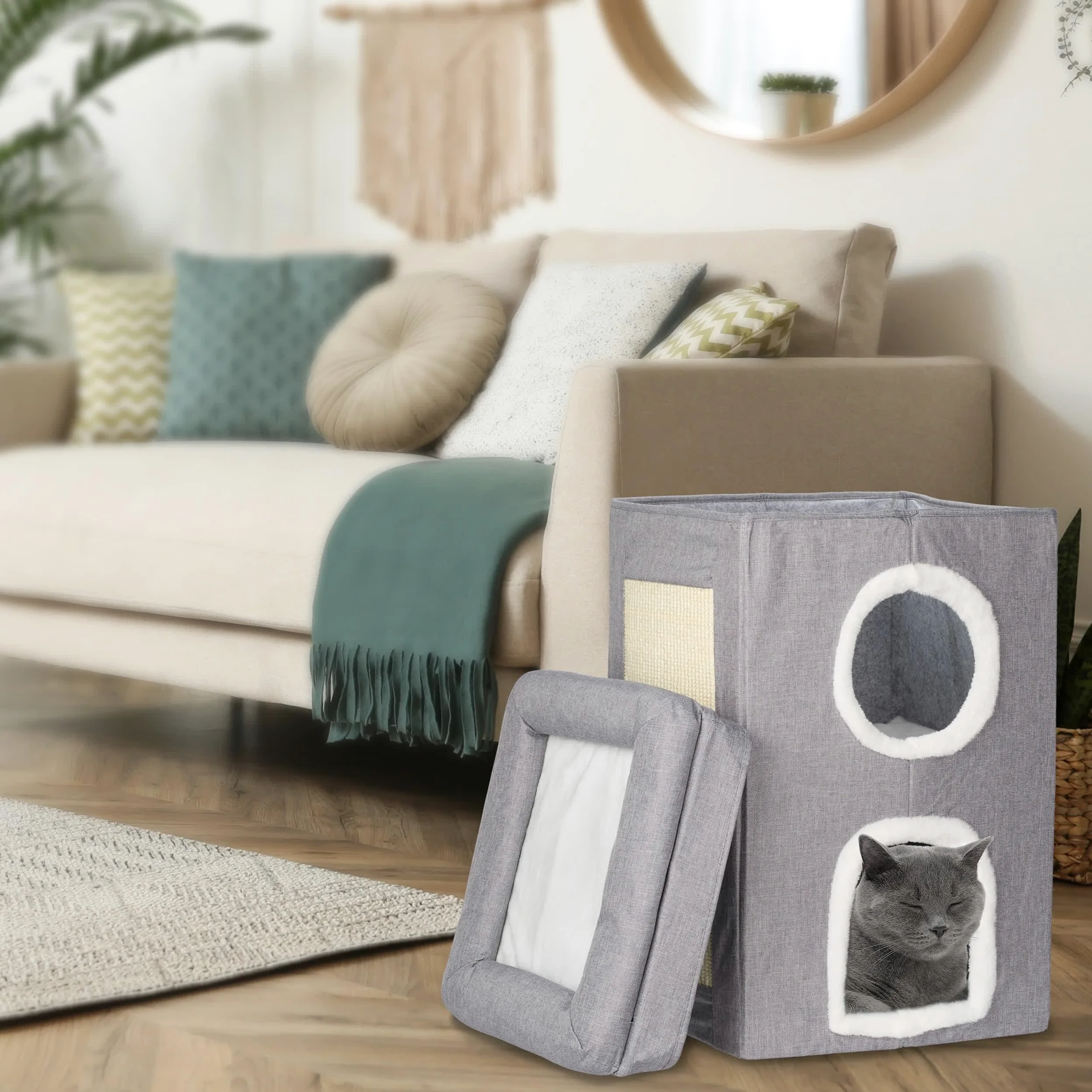Relaxdays Niche pour Chat, 2 Trous et Surface, Maison Pliable avec griffoir, HLP : 63 x 40 x 40 cm, Gris/Blanc