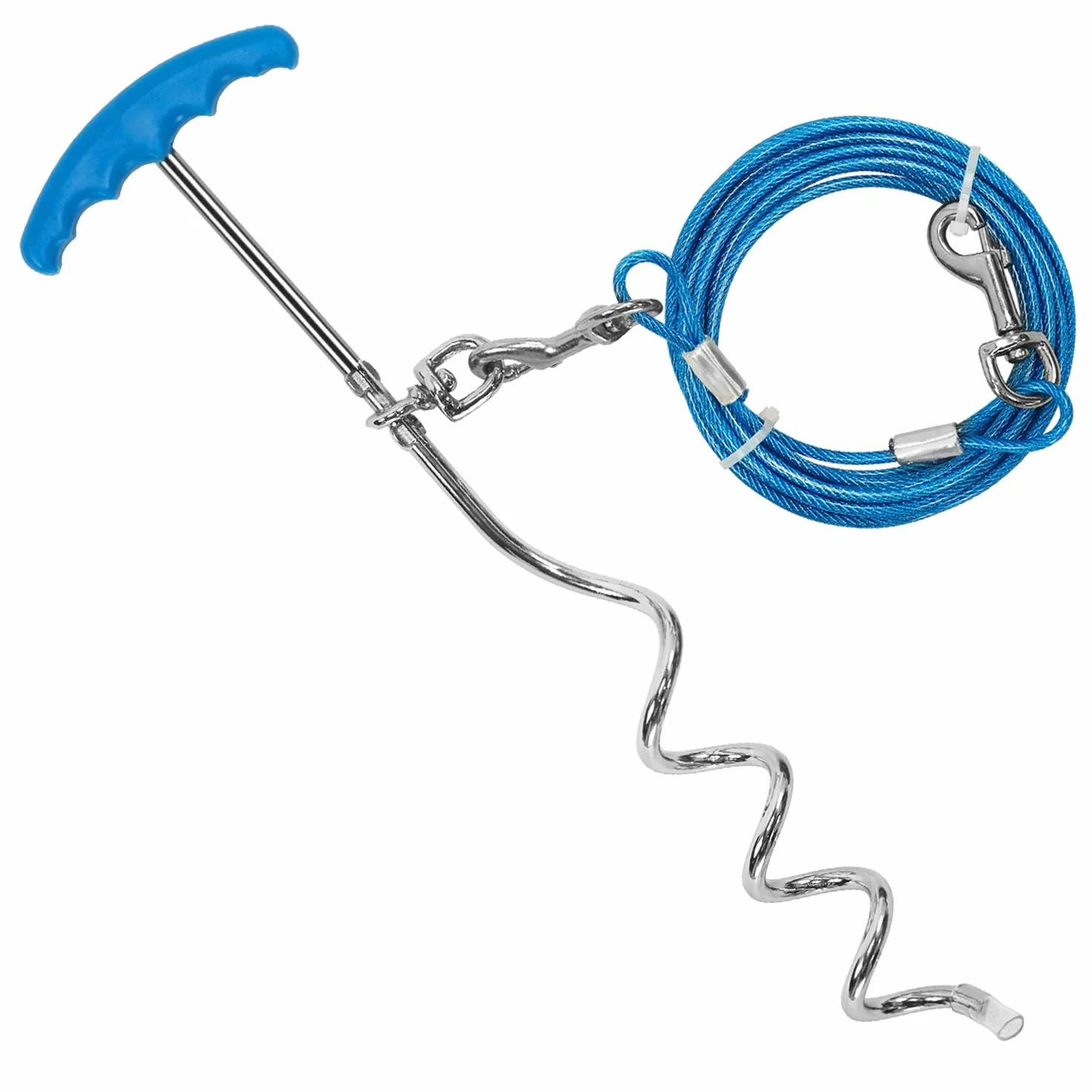 Piquet pour chien et câble d'attache robuste en spirale 40,6 cm 10 m