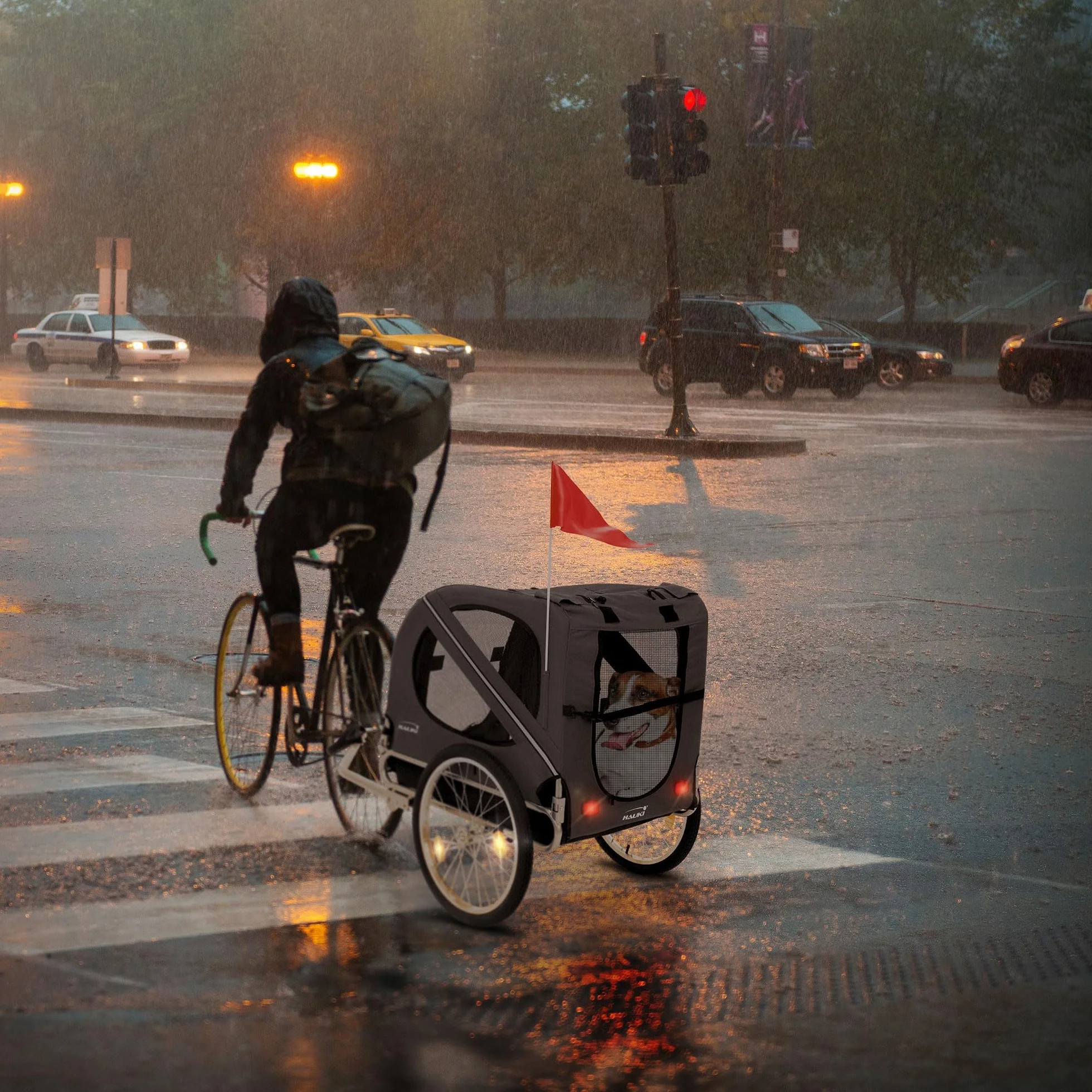 Hauki Remorque 2in1 de Vélo et Poussette de Chien, Pliable, Gris, en Acier/Tissu Oxford, 130x72x90 cm, Chariot avec Réflecteurs Laisse et Drapeau, Charge Max. 40 kg, Transport d'animaux de Compagnie