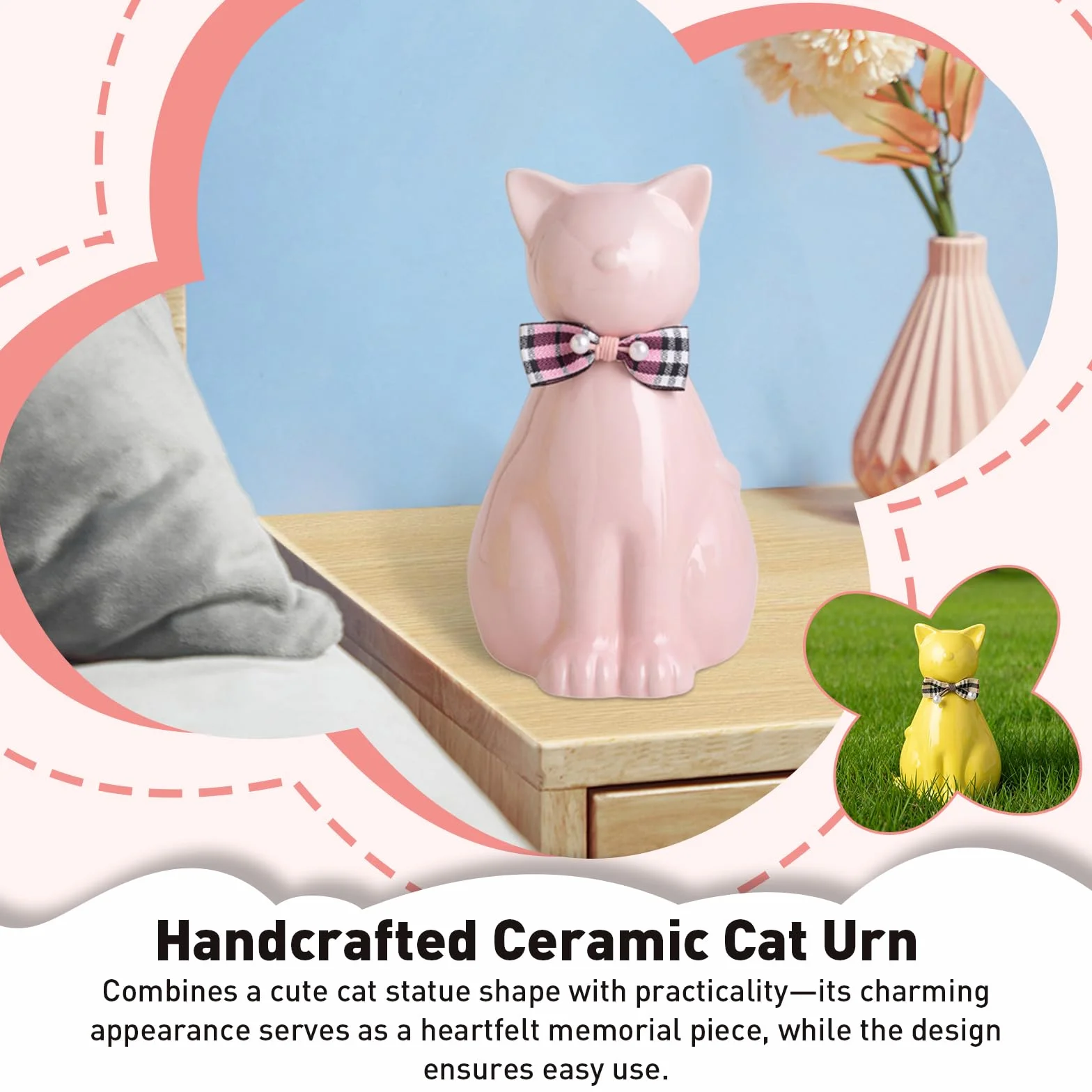 Urne funéraire en céramique faite à la main pour cendres de chat, statue de chat mémorial funéraire, urne pour animaux de compagnie intérieur extérieur (Or)