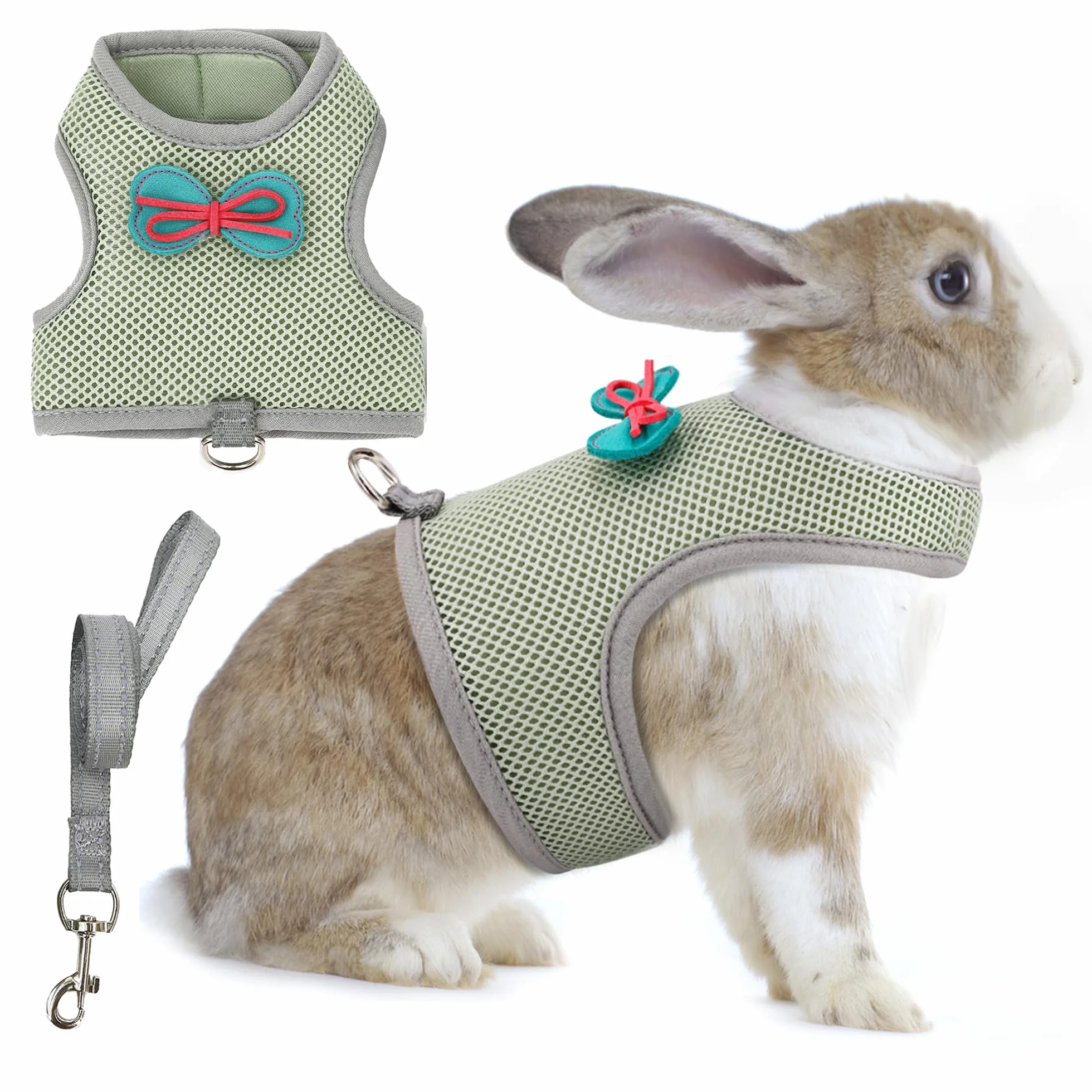 AIITLE Ensemble harnais et laisse pour lapin avec nœud mignon, harnais réglable anti-fugue pour lapins, chatons, furets, chiots et petits animaux de compagnie, pour promenade, randonnée, camping,