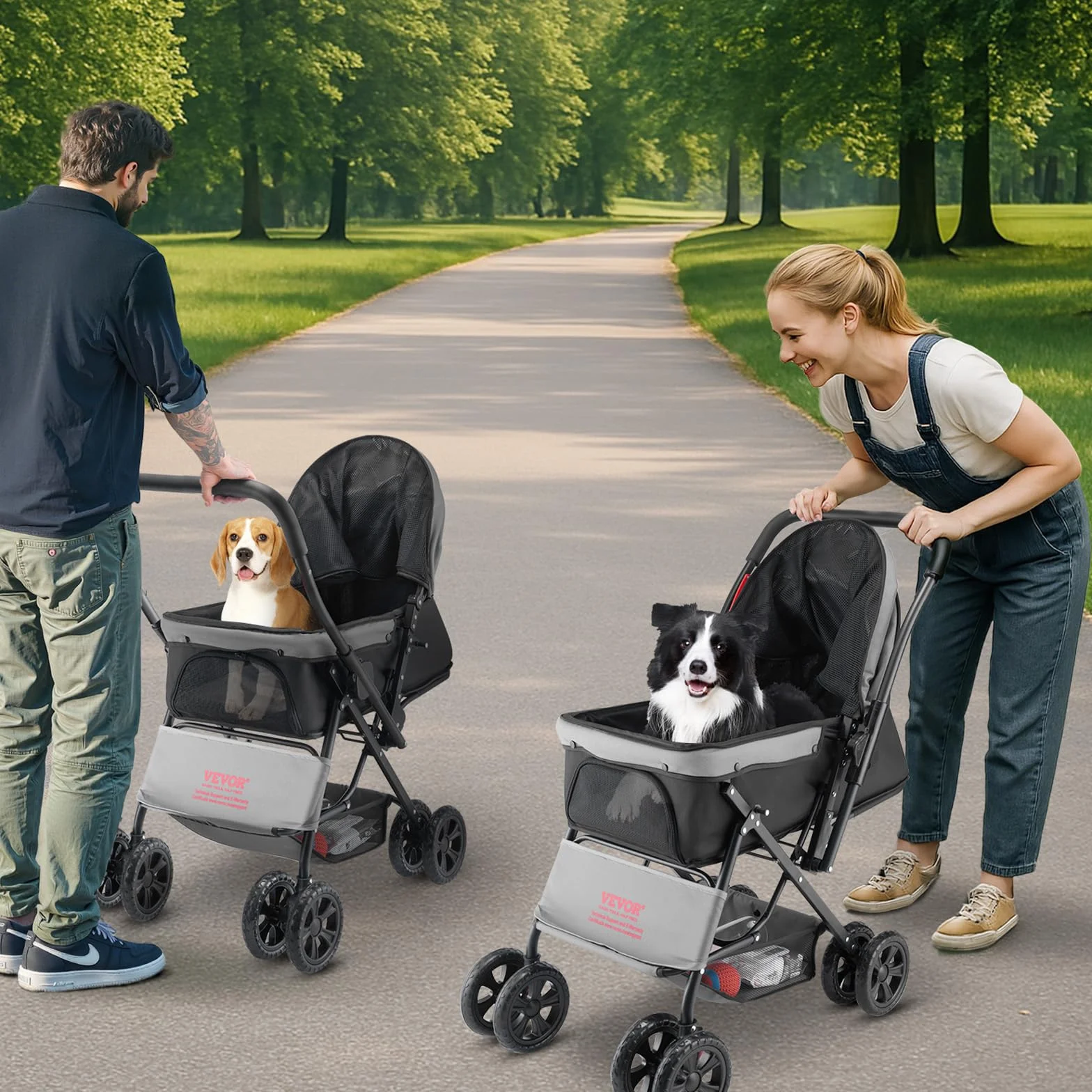 VEVOR Poussette pour Chien Pliable, Charge 20 kg, 4 Roues avec Freins Arrière, Fenêtres en Maille, Poignée Réversible, pour Petits et Moyens Animaux
