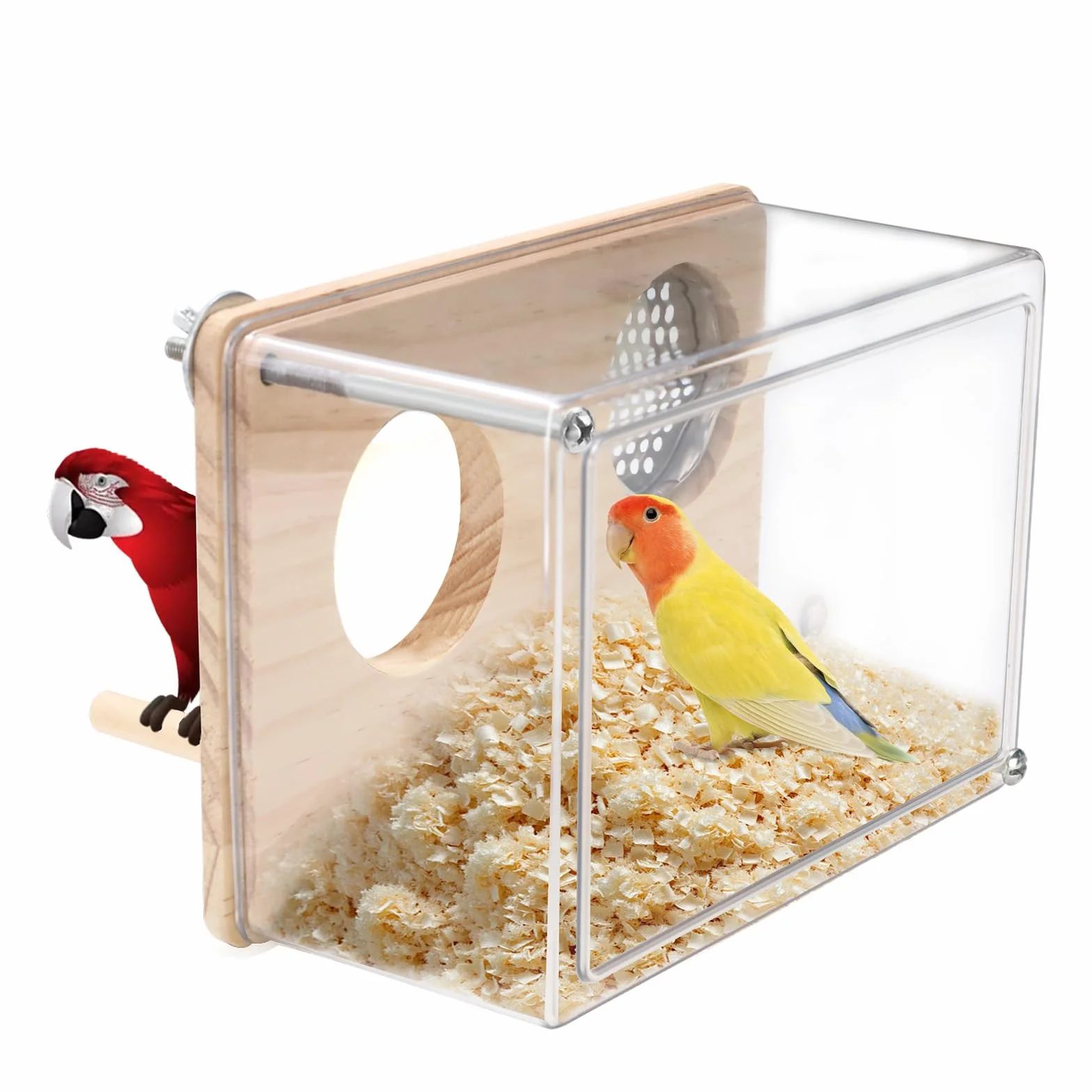 Nichoir pour cage à perruches en PET transparent - Accessoire pour canaris, inséparables, perroquets - Avec perchoir en bois (taille S)