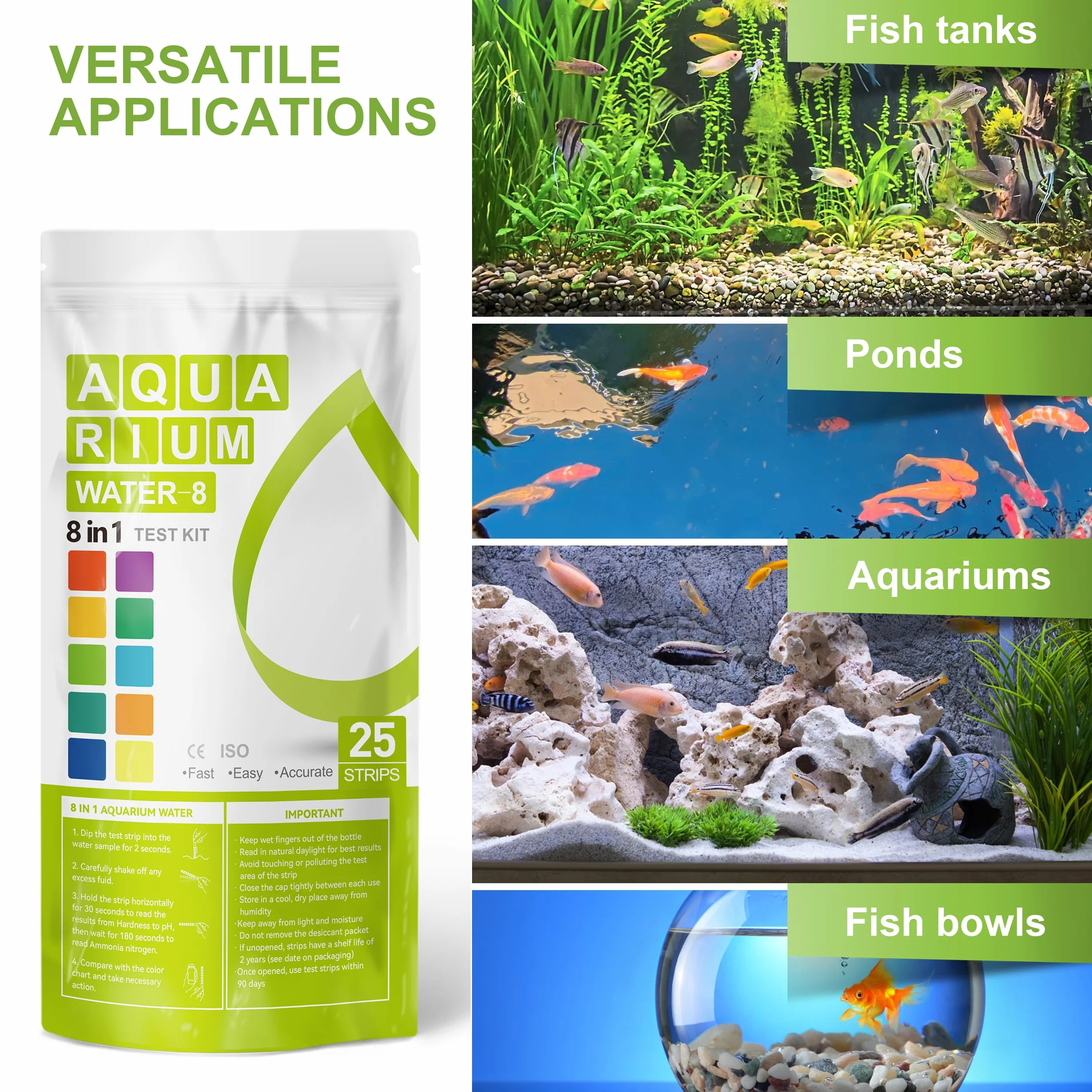 AAWipes Lot de 25 bandelettes de test d'ammoniaque pour aquarium, test rapide et précis, pH, carbonate, alcalinité, dureté, chlore, nitrite