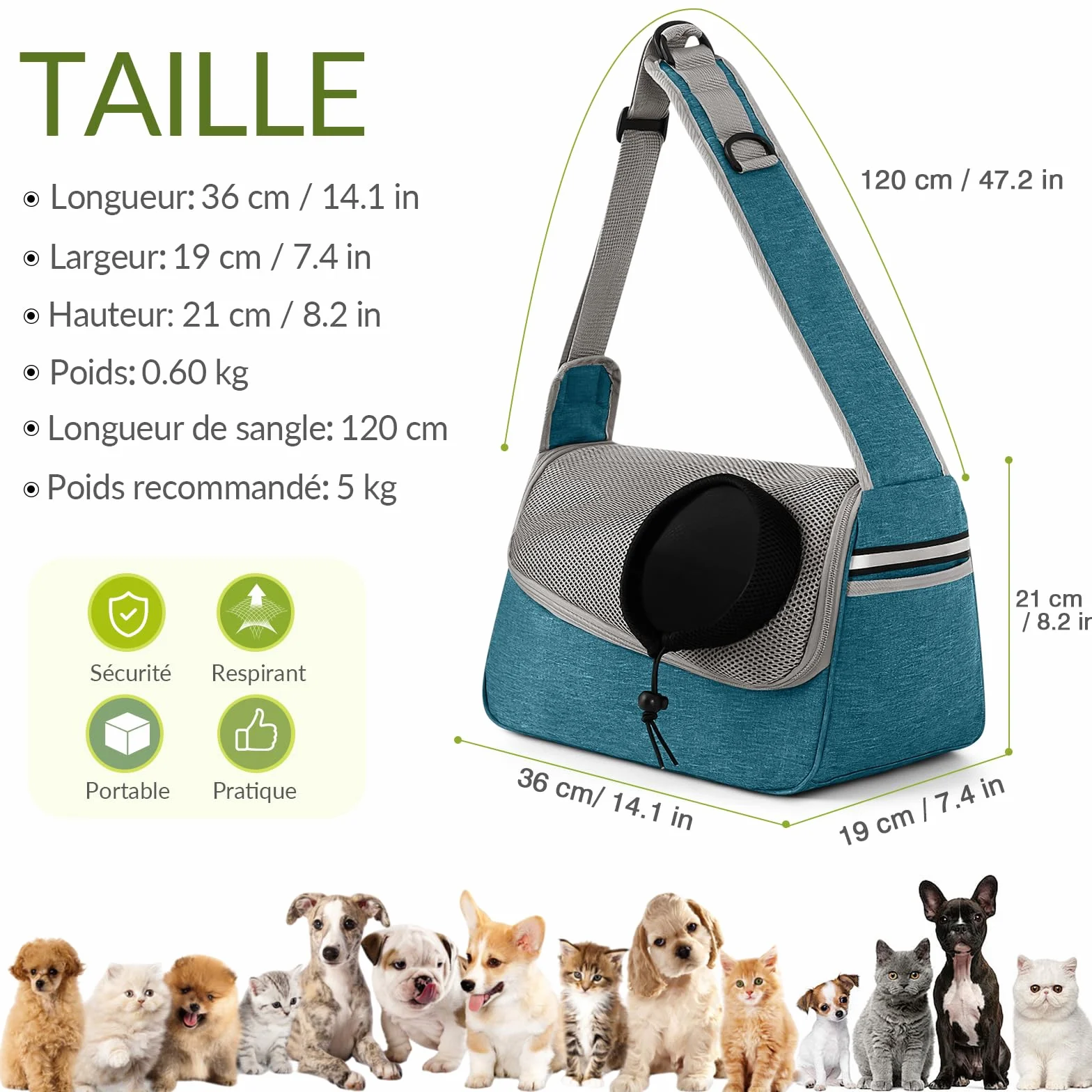 ALLSOPETS Sac de Transport Respirant pour Petits Chiens et Chats, Bandoulière Ajustable, Poche Latérale, Bleu Ciel