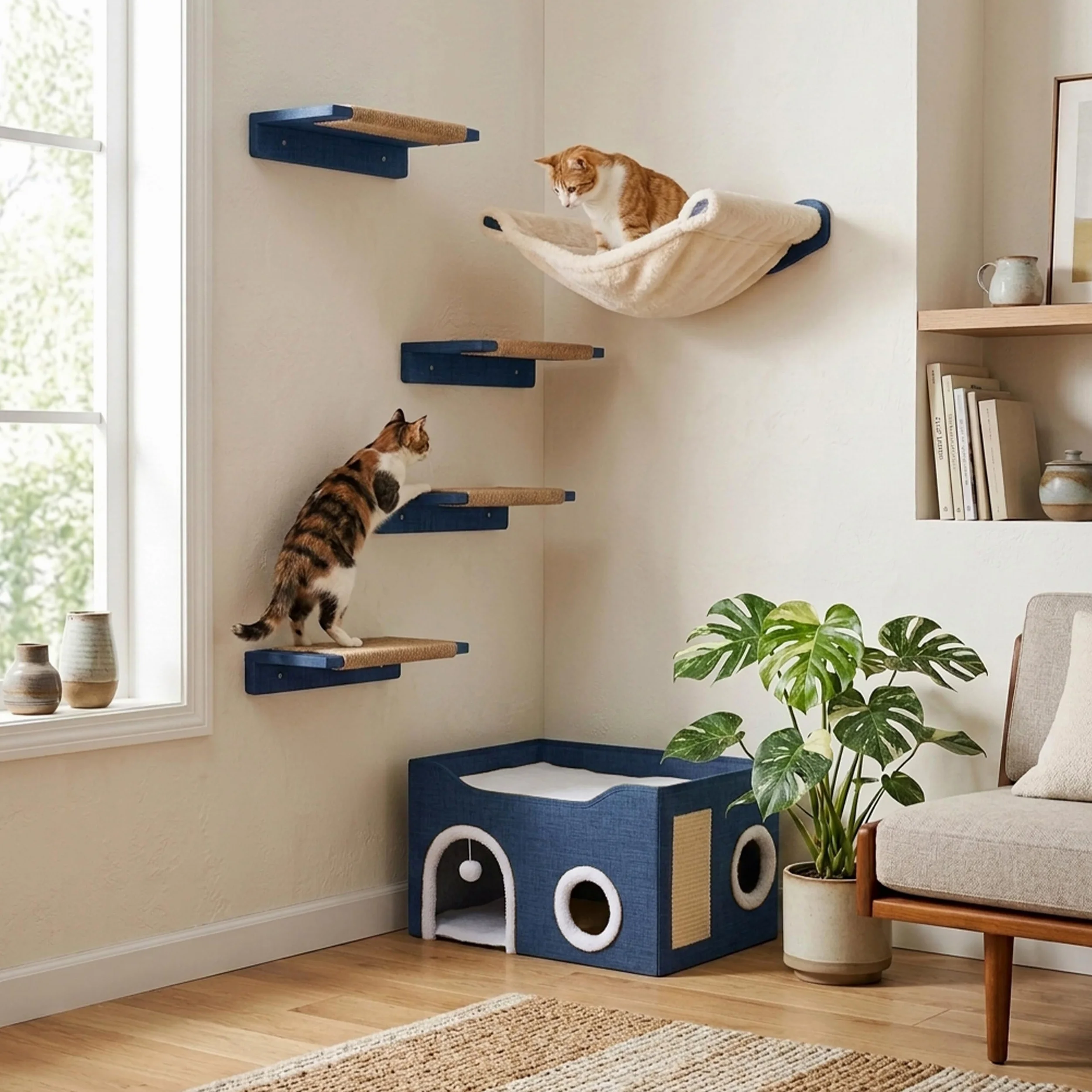 Grotte pour Chat Relaxdays, H x L x P : 34 x 60 x 40 cm, griffoir, Balle, 2 Coussins, Pliable, Bleue