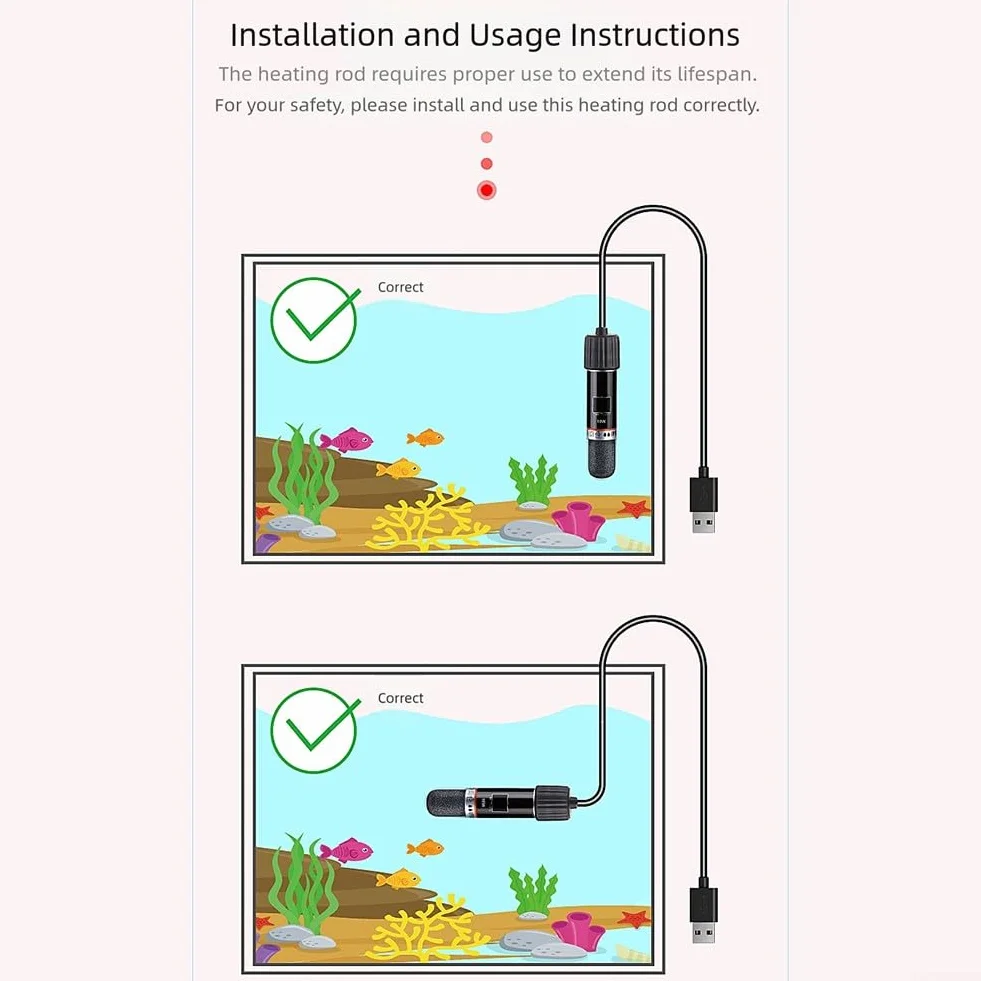 Mini chauffage d'aquarium 8,5 cm 26 °C température constante automatique alimenté par USB 10 W pour petits aquariums
