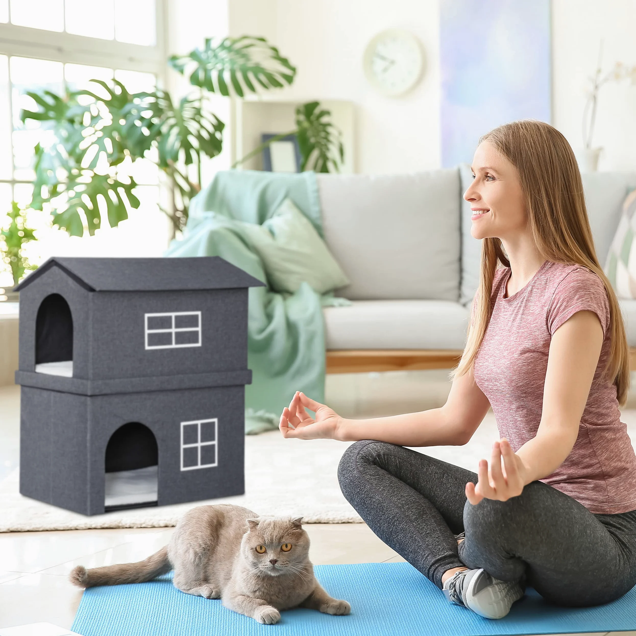 Relaxdays Maison pour Chat en Tissu, abri avec 2 Portes, HxLxP : 71,5x62,5x44 cm, Niche Chatons et Chats, Gris foncé