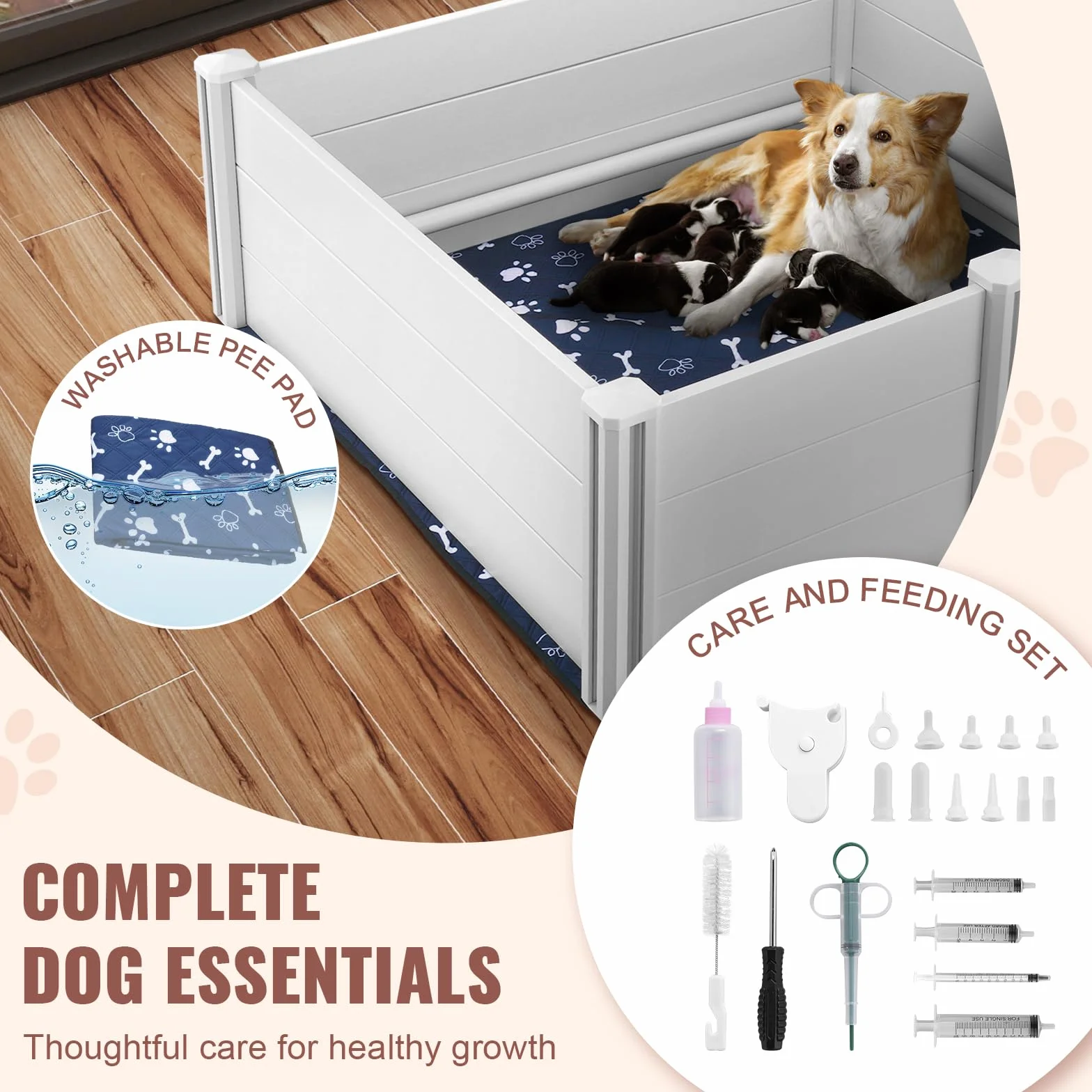 VEVOR Parc de Mise Bas pour Chien 122x122x46 cm Caisse de Mise Bas avec Rails Tapis de Pipi Lavable Blanc