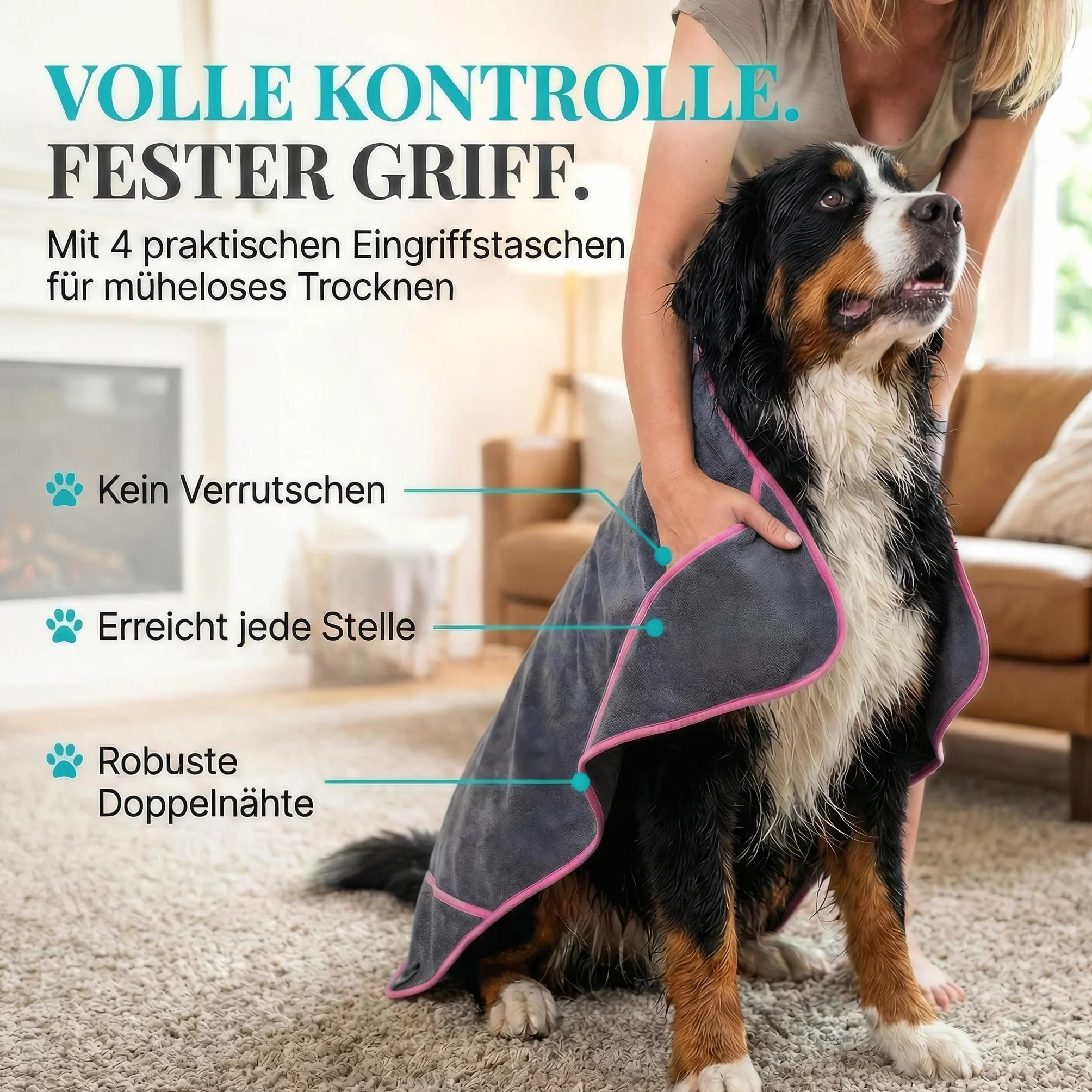 HUND IST KÖNIG Serviette pour Chien Extra absorbante Ultra Douce Microfibre 4 Poches Lavable 60 °C 130 x 75 cm