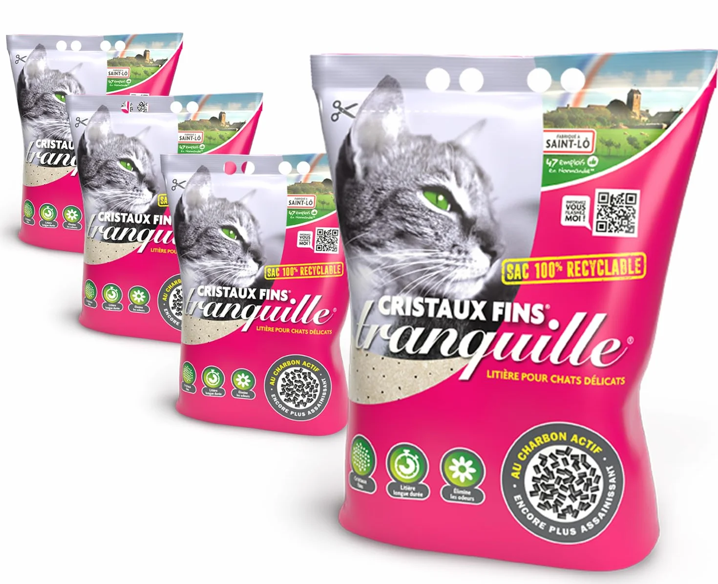 Tranquille - Litière pour Chat Silice Cristaux Fins + Charbon Actif – Ultra Absorbante & Anti-Odeur – Lot de 4 x 3,70L – Litière Hygiénique sans Poussière – Confort Chat & Fraîcheur Intérieure