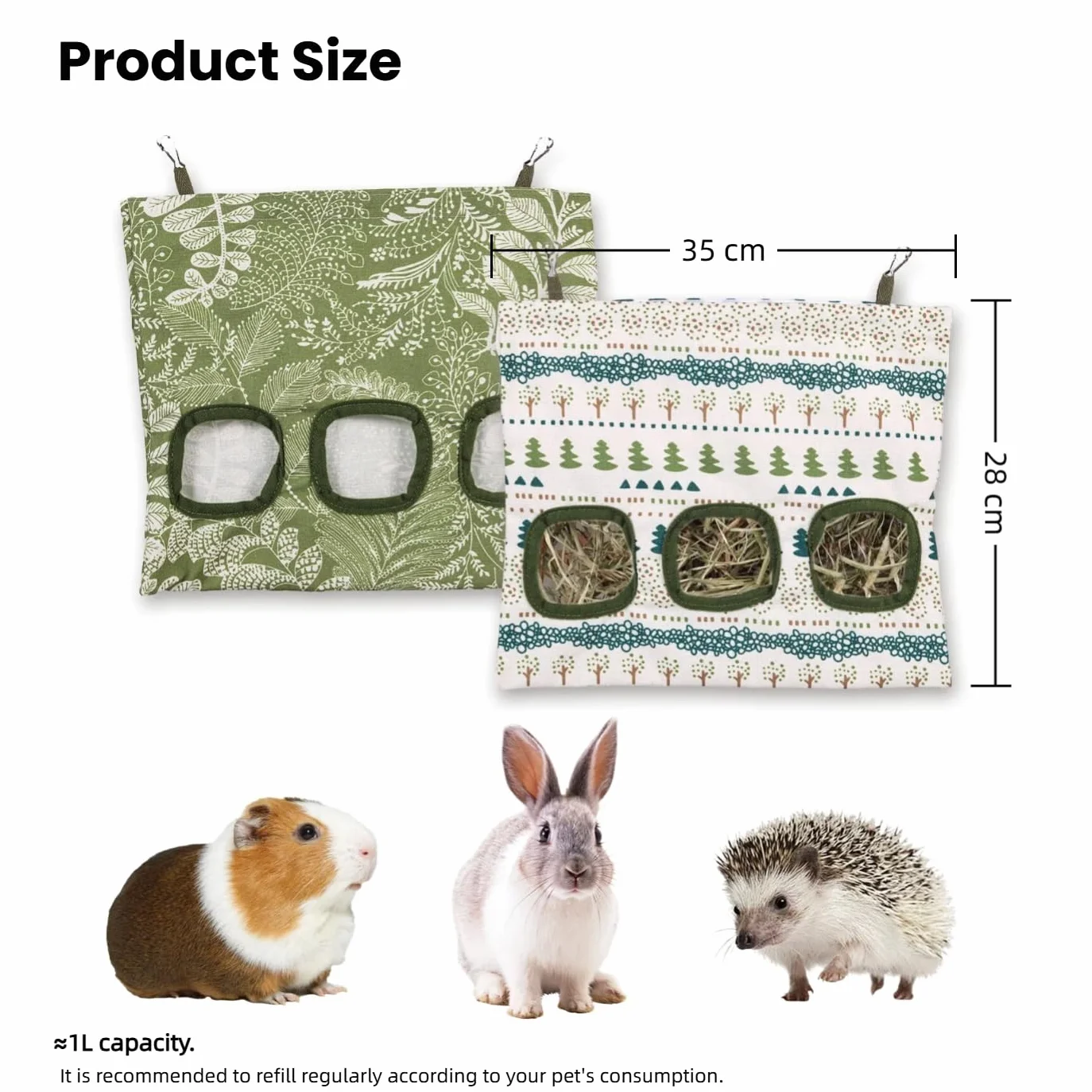 Sac à foin pour lapins 2 mangeoires à foin 3 trous suspendre 33x27.9 cm lavable chinchillas hamsters petits animaux