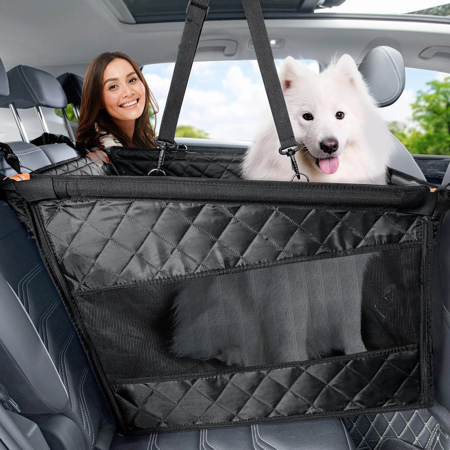 Pecute Siège Auto Chien XL 70x61 cm Coussin Cuir PU Rabattable Fond Rigide Anti-Affaissement Facile à Nettoyer Protection Banquette Arrière