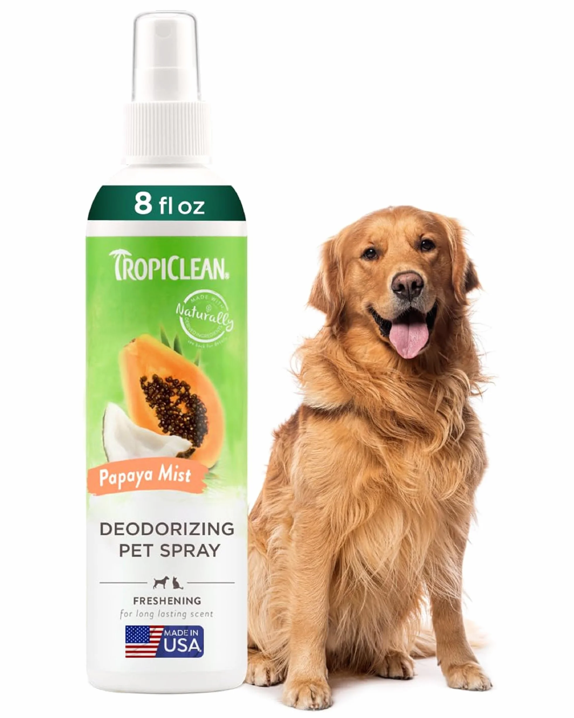 TropiClean Spray Désodorisant pour Animaux de compagnie Chiens & Chats - Parfum Longue Tenue - Sans Paraben & Sans Colorant - Brume de Papaye, 236 ml
