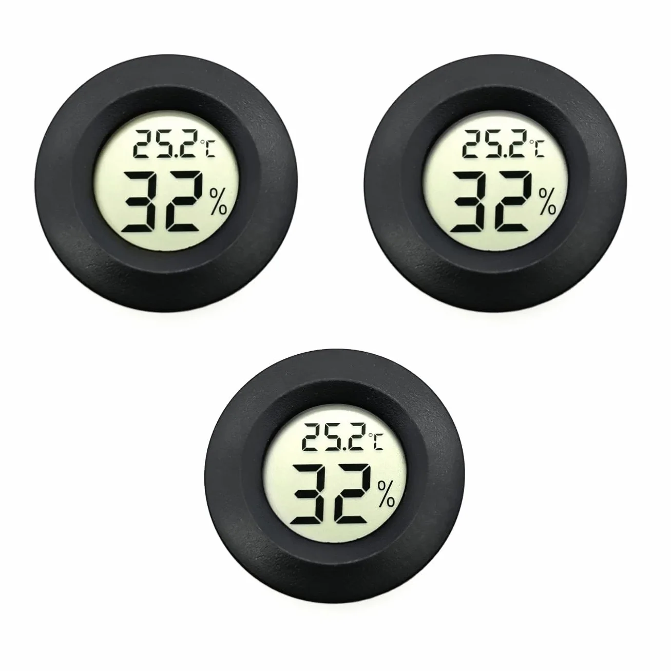 JZK Lot de 3 petits thermomètres hygromètres numériques ronds avec batterie pour voiture/chambre/salle de bain, moniteur d'humidité, jauge de température et d'humidité pour réservoir de reptiles