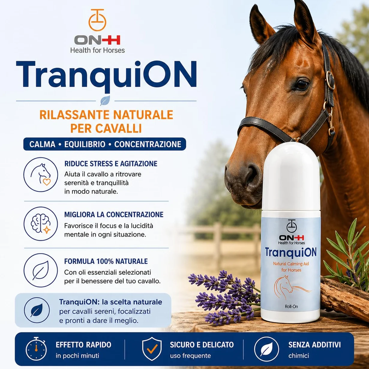 ON-H TranquiON Roll-On pour Chevaux | Gel Apaisant Naturel | Application Localisée Roll-On | Idéal avant Transport, Compétition et Entraînement | Apaisant sans Sédation | Usage Quotidien