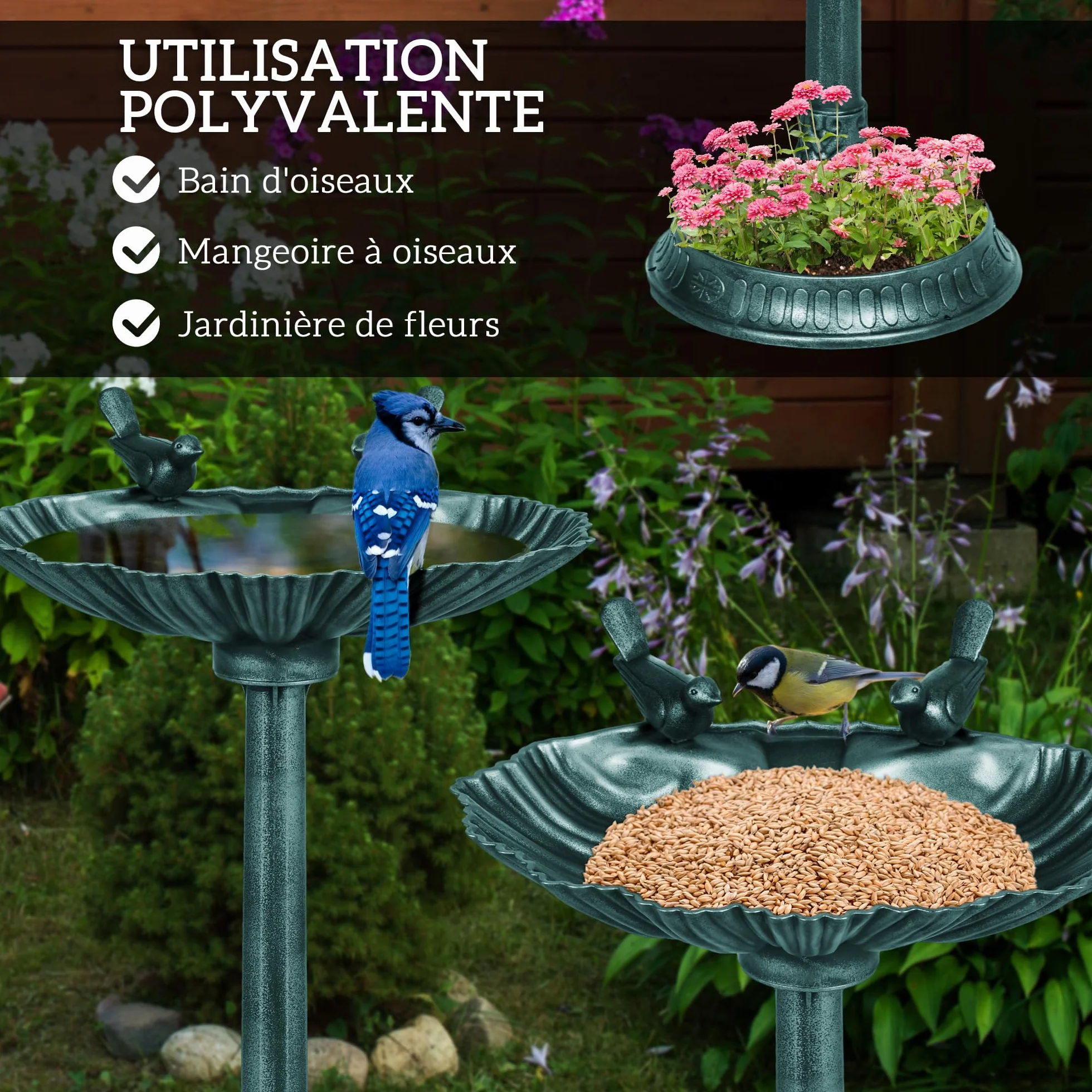 Outsunny Bain d'oiseaux Antique 81 cm avec Base de jardinière, Mangeoire, Bassin sur Pied, Style Vintage, Bronze Vert