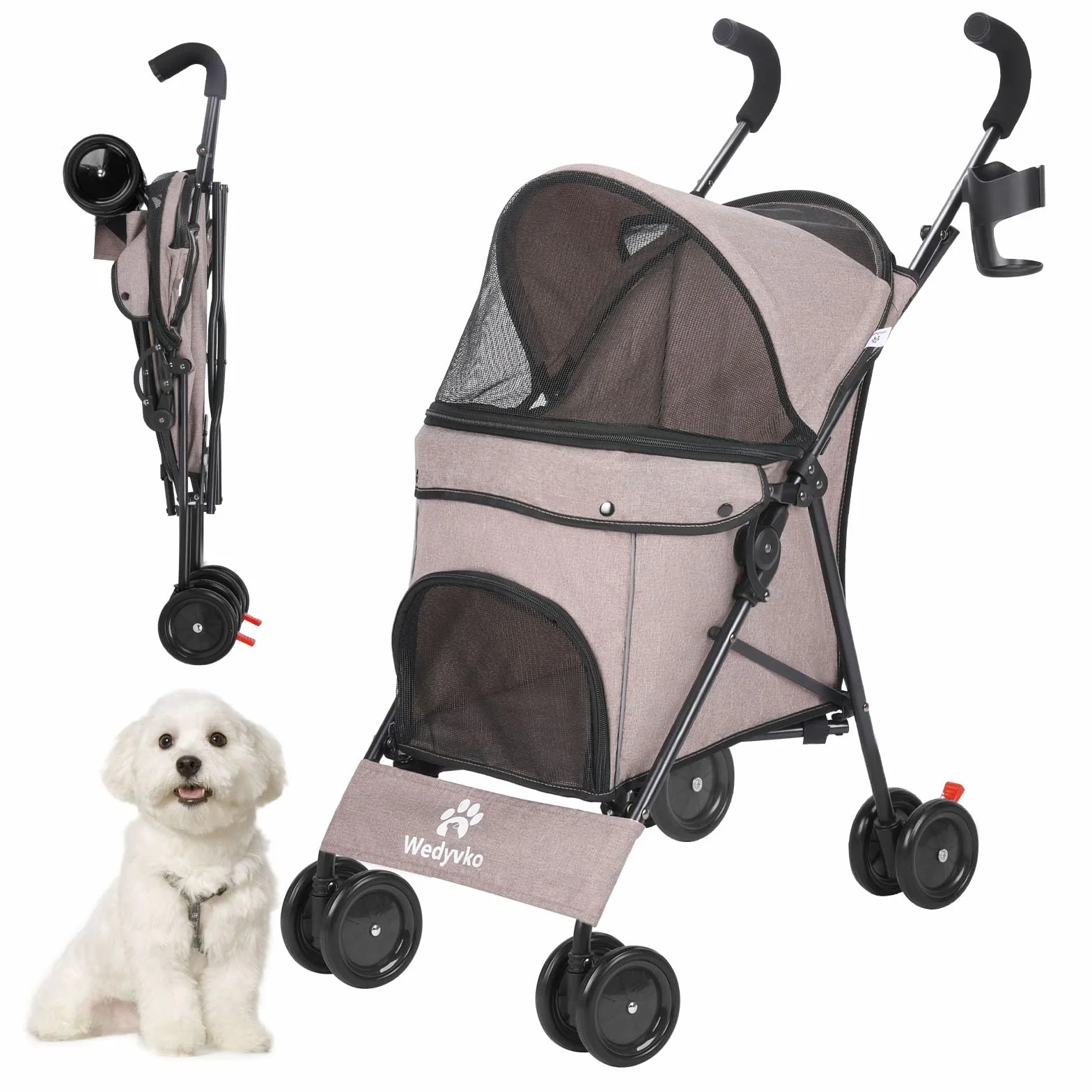 Poussette pour chien taille moyenne pliable 15 kg 4 roues porte-gobelet roues avant rotatives 360°