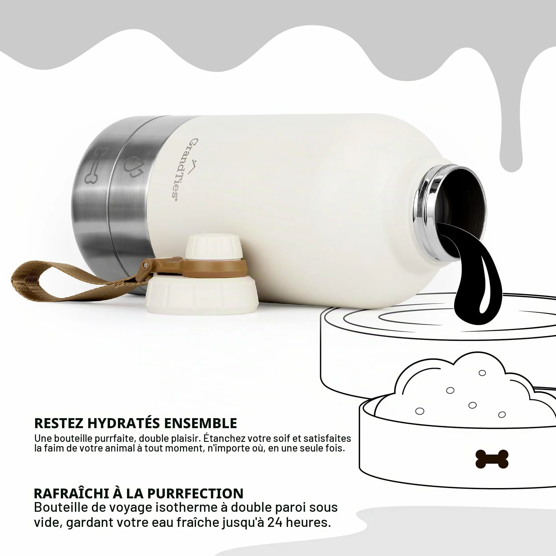 GrandTies Bouteille d'eau Portable Isotherme avec 2 distributeurs Amovibles pour Chien | Conteneur de Voyage Alimentaire étanche | Marche, randonnée, Camping (1,9 l, Blanc Ivoire)
