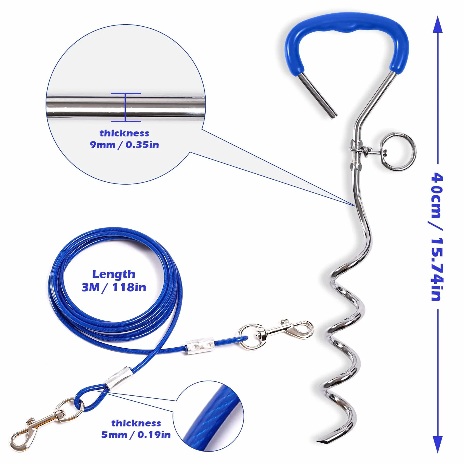 Ancrage en spirale bleu 40 cm câble acier 5 mm x 3 m ancrage sol visser force traction 80 kg pour chien