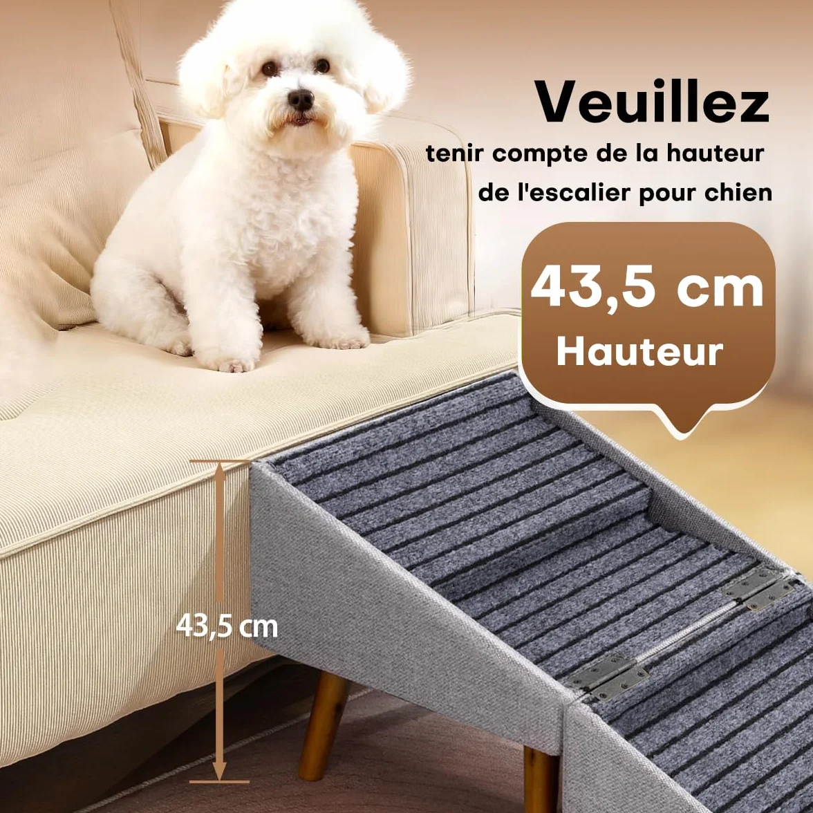 Escalier pour Chiens et Chats 2 en 1, 4 Marches Rampe Antidérapant pour Canapé Lit, Gris Clair 43,5 cm