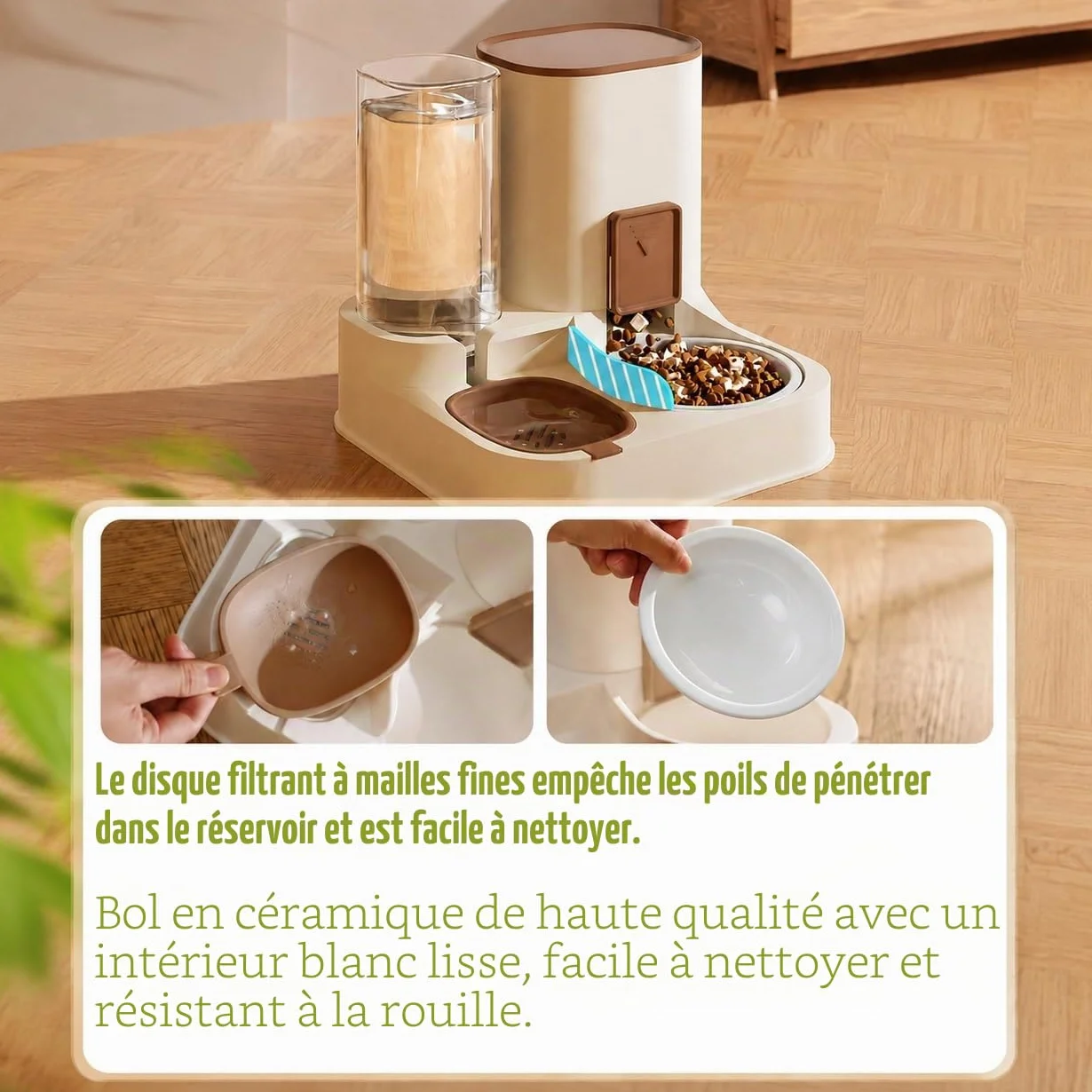 Distributeur de Nourriture Automatique 2 en 1 pour Chiens Chats, avec Bac Eau et Rabat Réglable