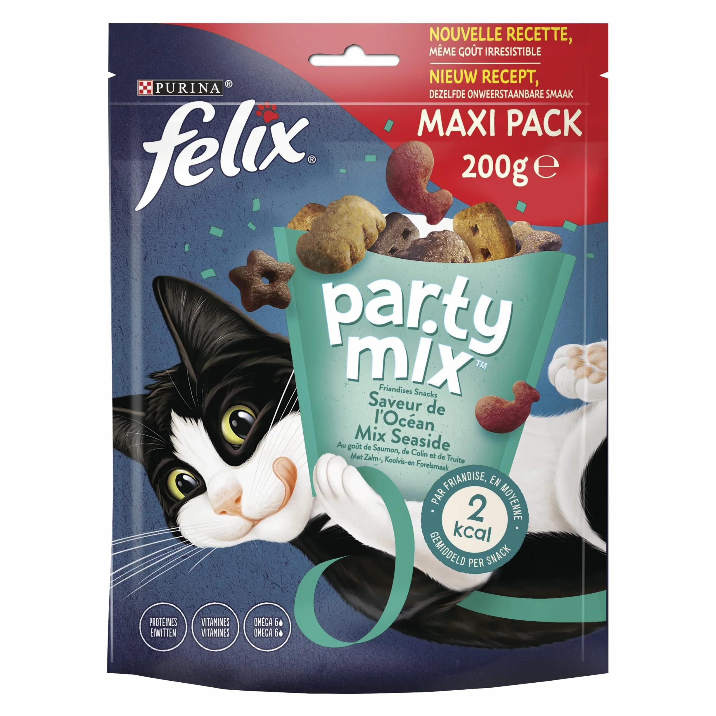 Felix | Party Mix | Friandises pour Chat Adulte | Riches en protéines, vitamines, acides Gras et oméga 6 | Saveur de l'Océan au goût irrésistible : Saumon, Colin, Truite | Sac | Lot de 5 x 200g