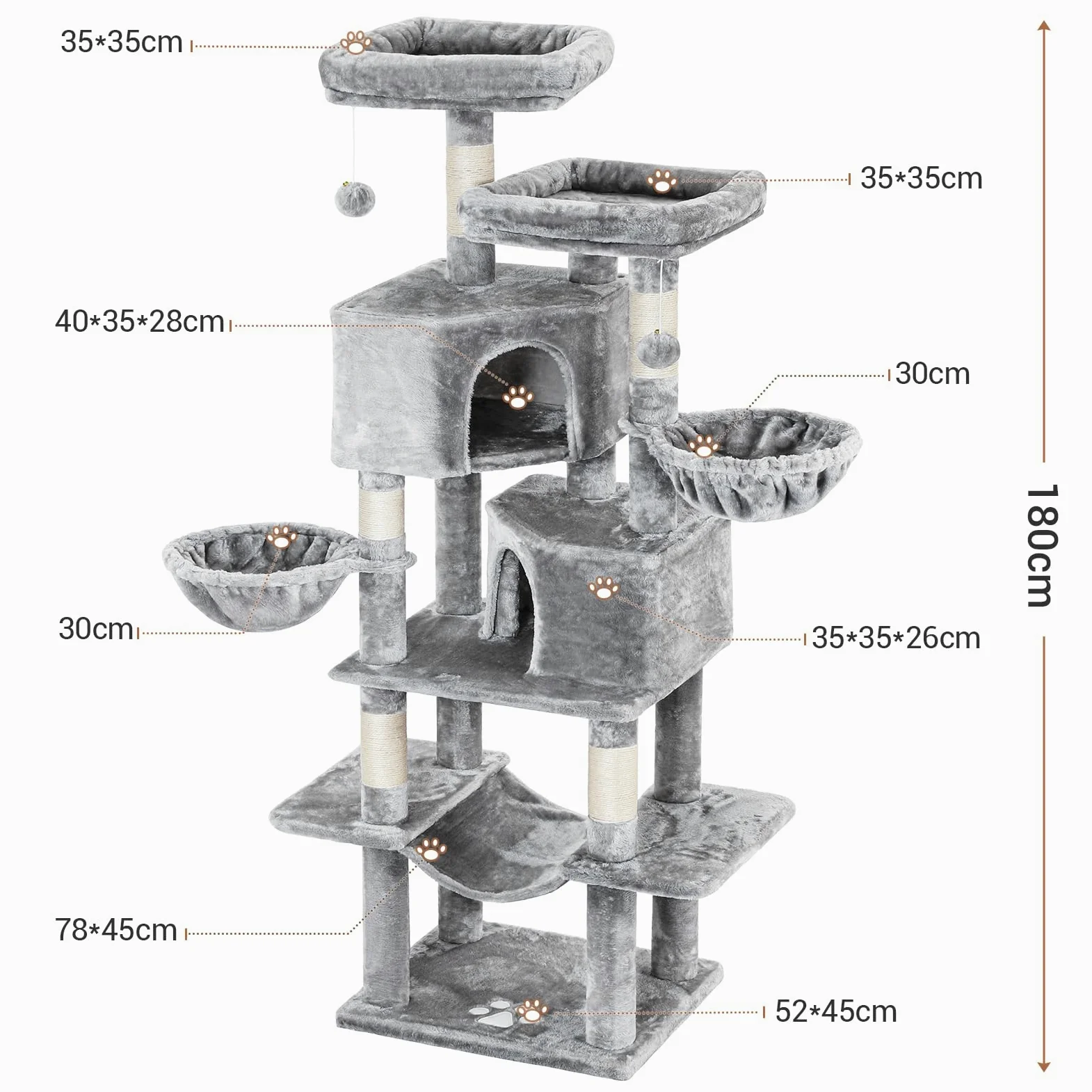 MSmask Arbre à Chat Stable de 180 cm, Tour de Jeux Chats avec 5 Poteaux en Sisal, 2 Grandes Plate-Formes, 2 Niches, 2 Paniers, Hamac, Centre d’Activités Multiniveau en Peluche, Gris Clair