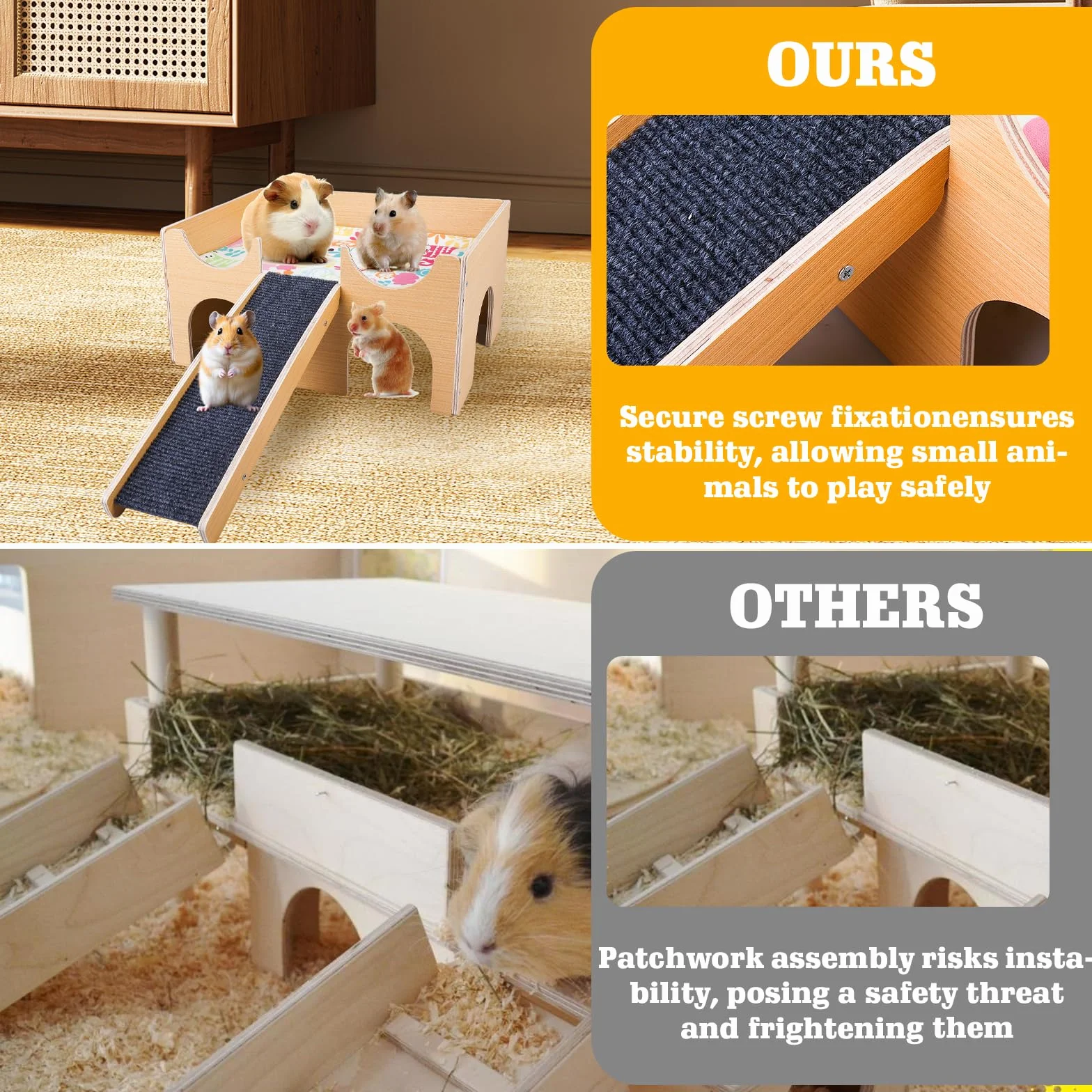Grande maison pour cochons d'Inde en bois massif avec rampe et 3 entrées, maison de lapin naturel, pour rats, hamsters et petits animaux