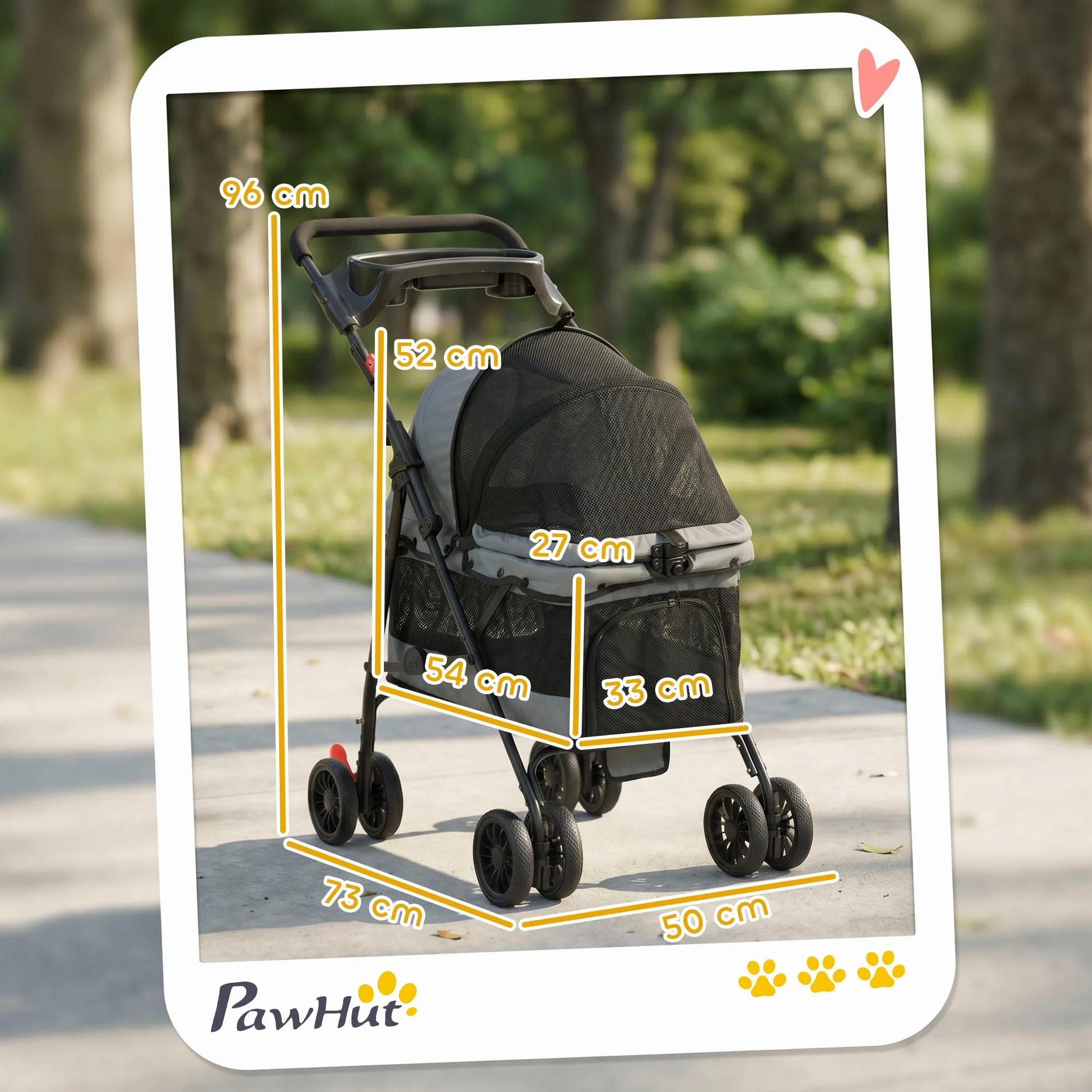 PawHut Poussette pour Chien avec 4 Roues EVA, Chariot Pliable, Frein, Gris