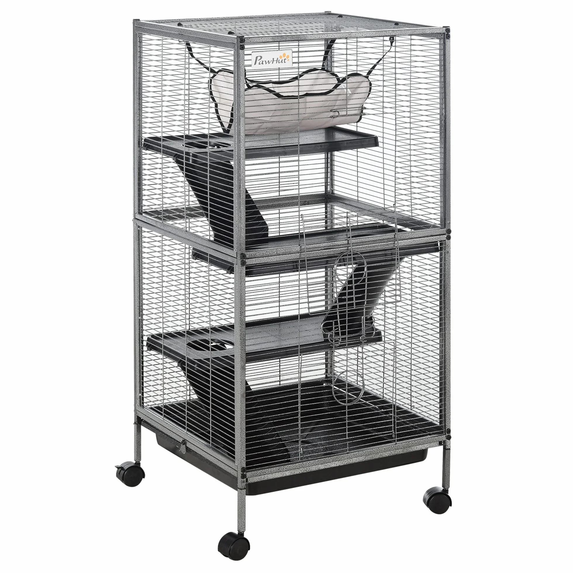 PawHut Cage pour Petits Animaux Portable 4 Niveaux Chinchilla Furet avec Roulettes 52 x 52 x 113,5 cm Gris