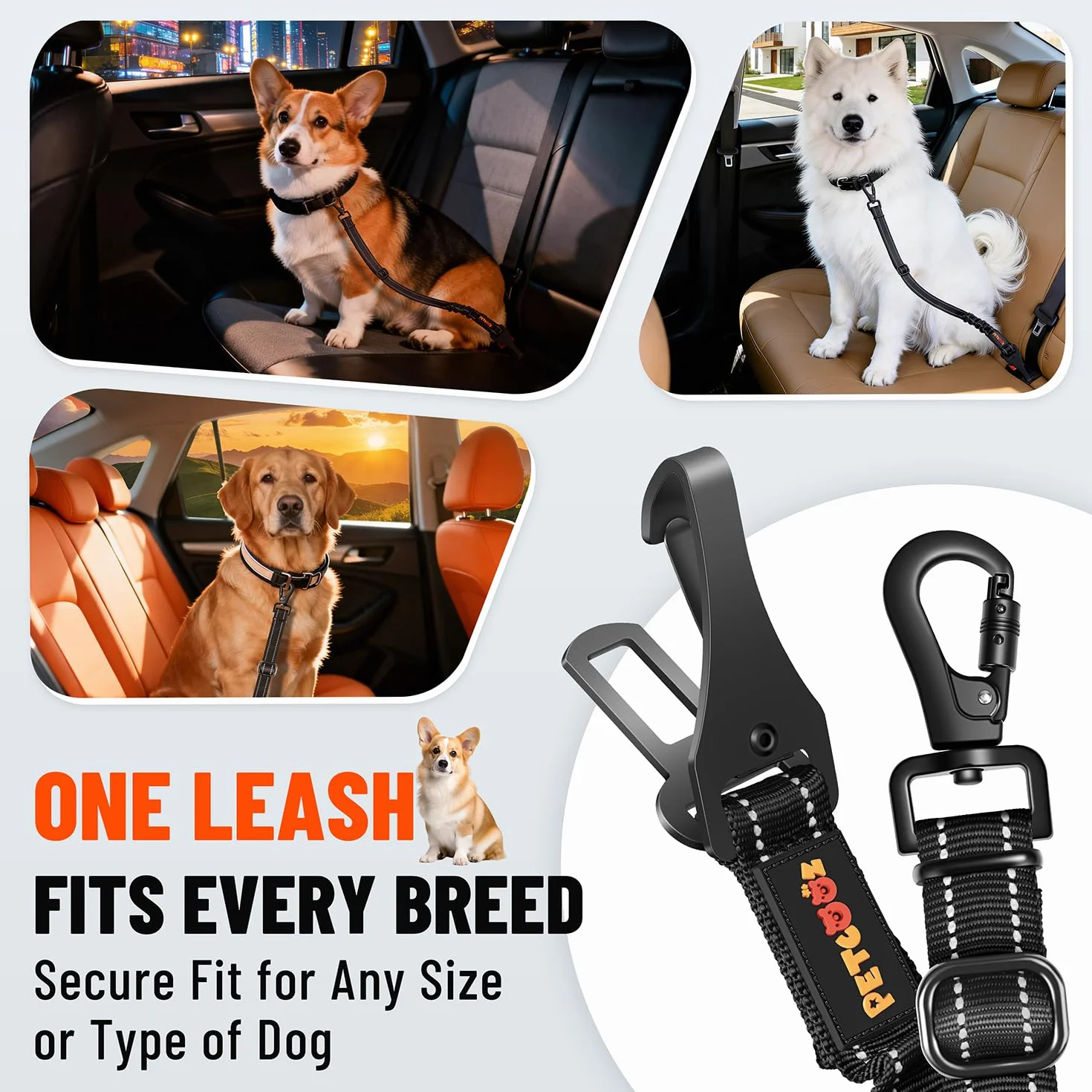 Ceinture Chien Voiture 3 en 1, Ceinture de Sécurité Chien Réglable 58-92 cm avec Système Latch et ISOFIX, Absorption des Chocs, Mousqueton Rotatif 360°, Harnais Voiture pour Toutes Les Races