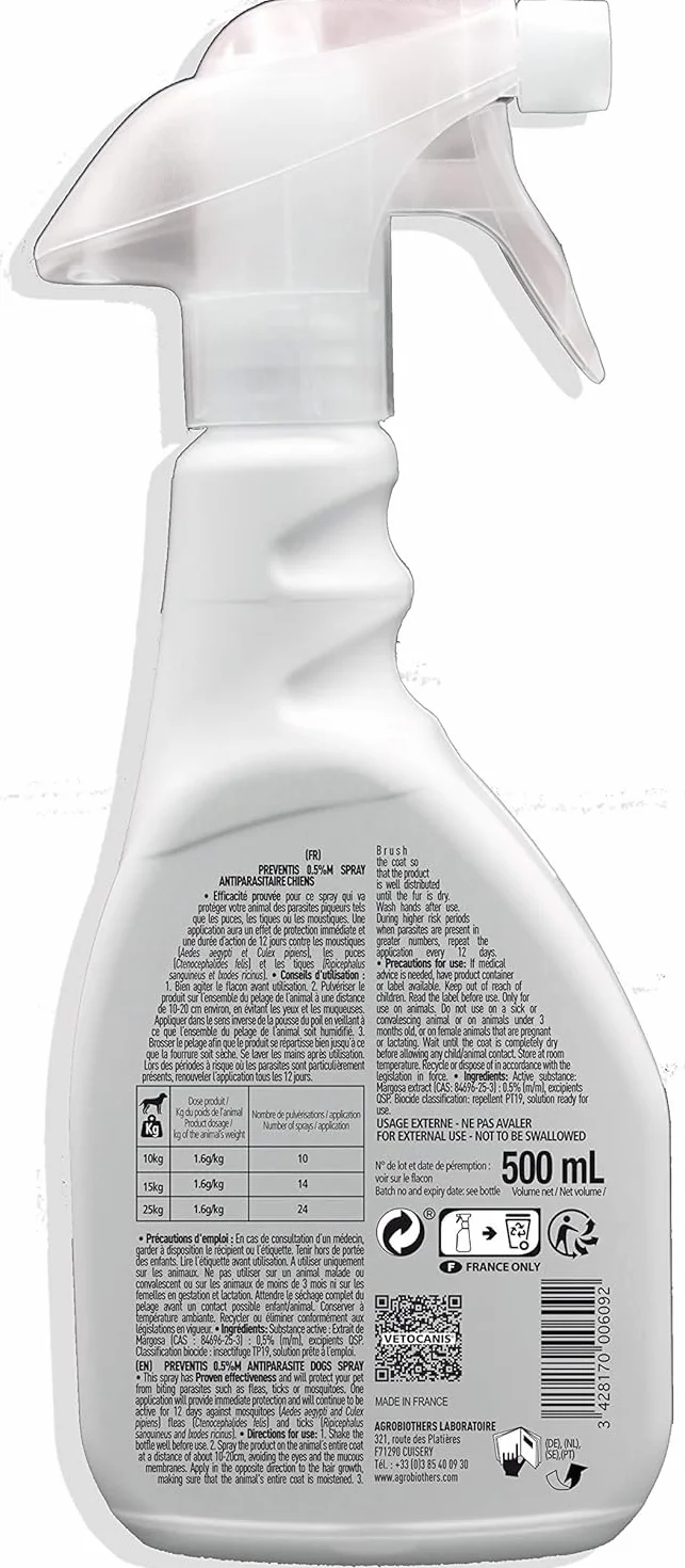 VETOCANIS, Spray Anti-puces et Anti-Tiques et Anti-Moustiques pour Chien, Spray Antiparasitaire 500ML, Répulsif Efficace 12 JOURS