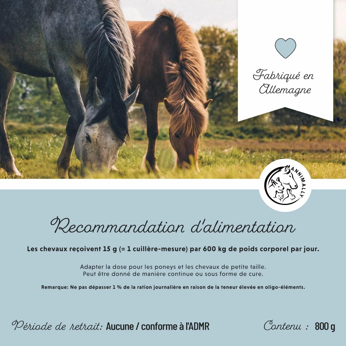 Annimally Sélénium, Vitamine E, L-Lysine Poudre pour Chevaux 800g - Complexe de Vitamine E, L-Lysine et Sélénium pour Soutenir la Musculature et Les Performances - Complément Alimentaire pour Cheval