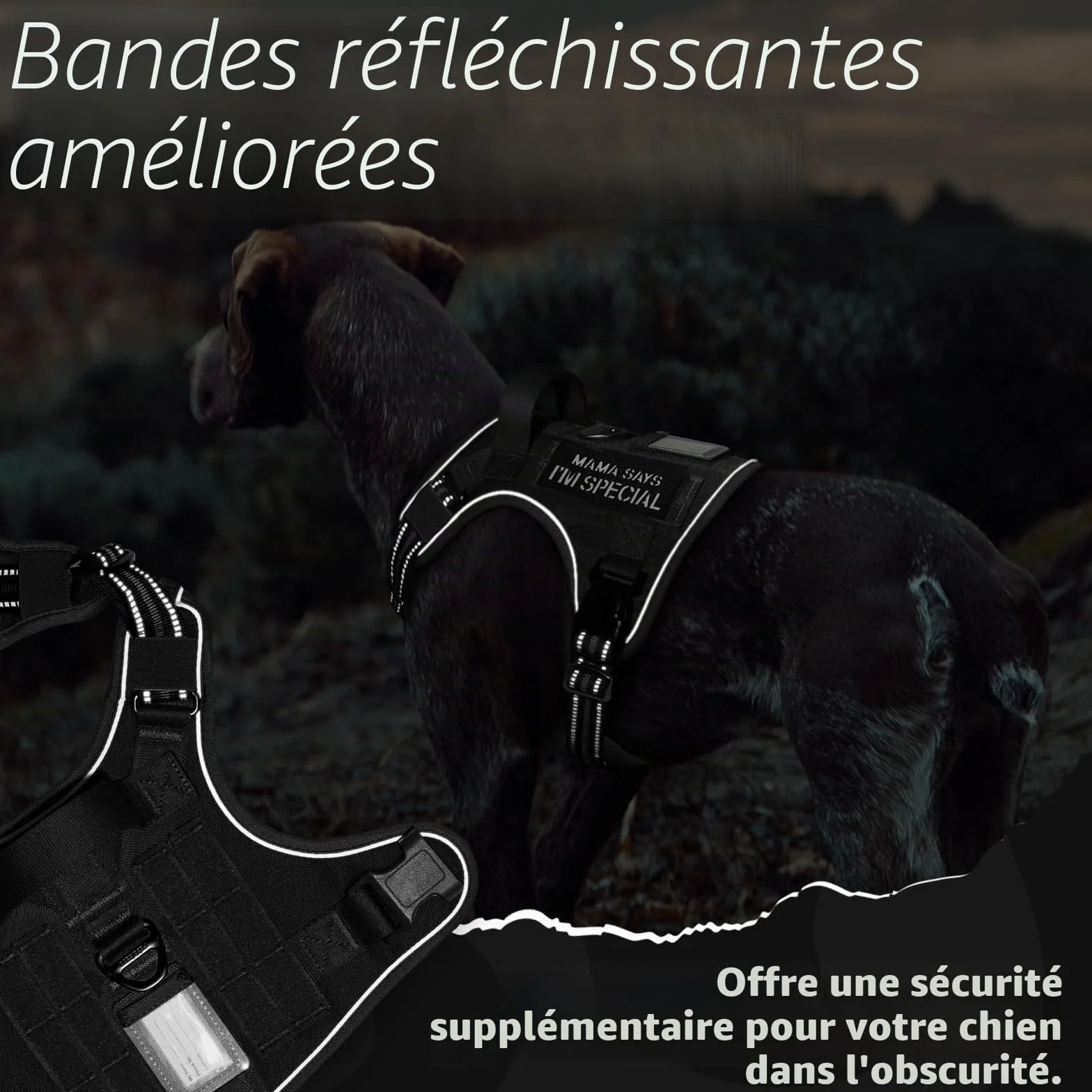 Rabbitgoo Harnais Chien Anti Traction Tactique Réfléchissant Réglable avec Poignée et Anneaux, Gilet Solide Facile à Mettre, Noir, L