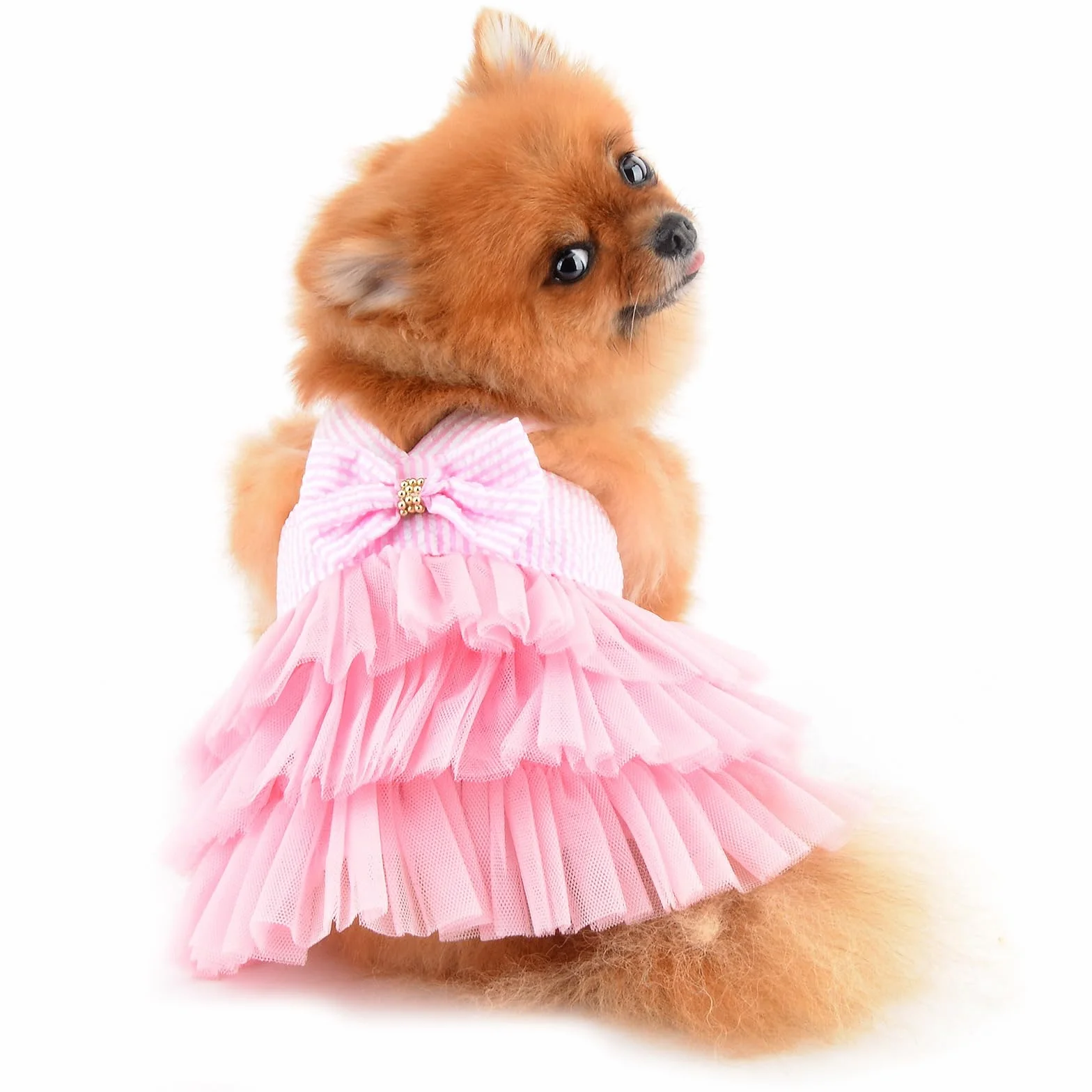 PAIDEFUL Robe tutu d'été en denim rayé avec nœud en organza et perles Rose Taille L