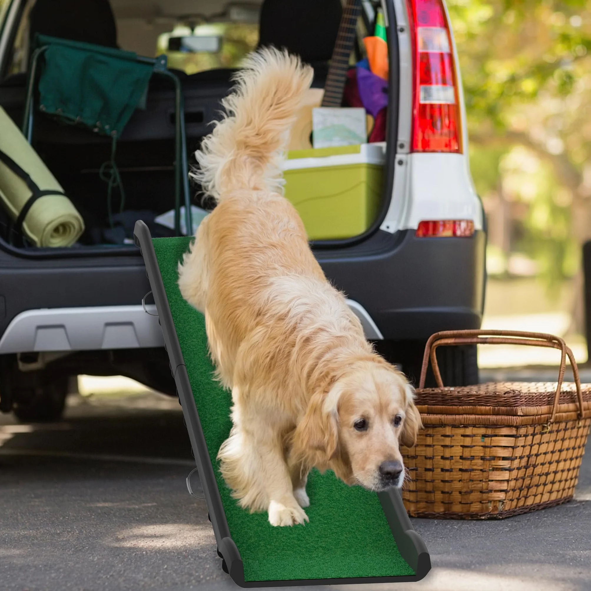 FIVMEN Rampe de voiture pliable pour chien - Antidérapant - Jusqu'à 90 kg - 156 x 40 cm - Pour SUV, grands petits animaux, avec pelouse